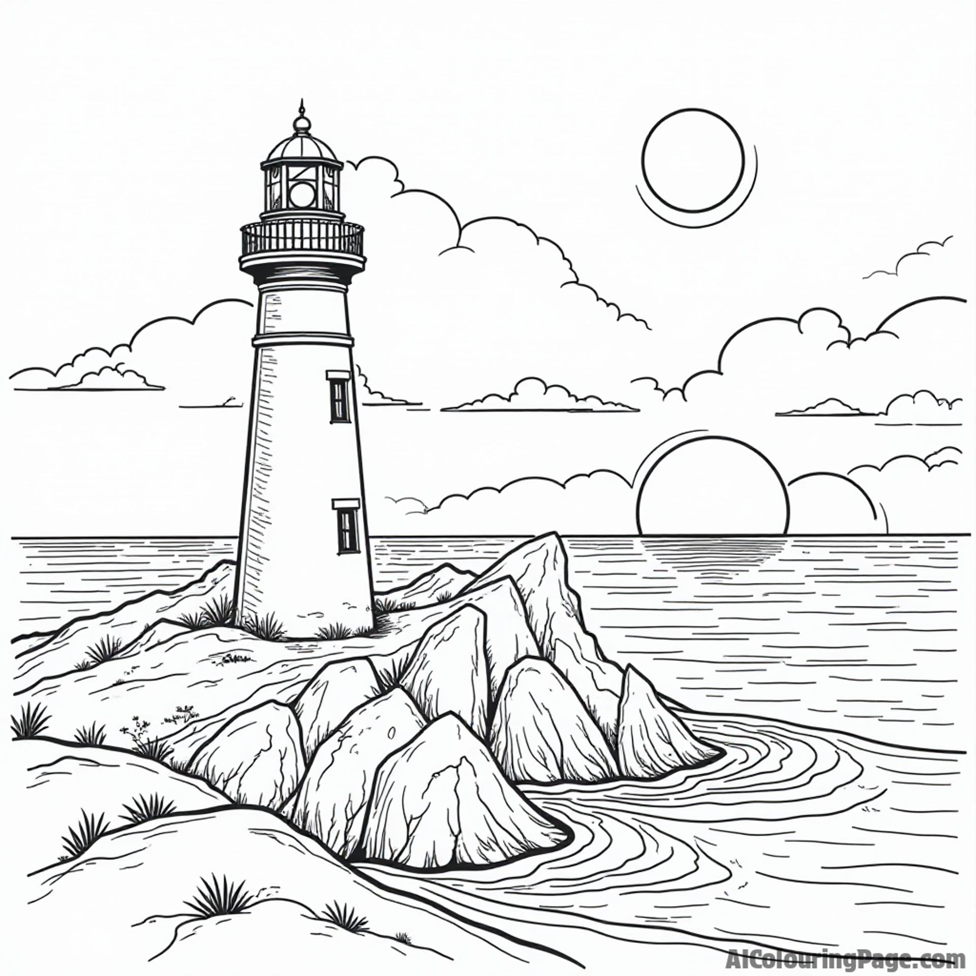 An old-fashioned lighthouse on a rocky shore, with rolling waves crashing and a sunset casting beautiful shadows.