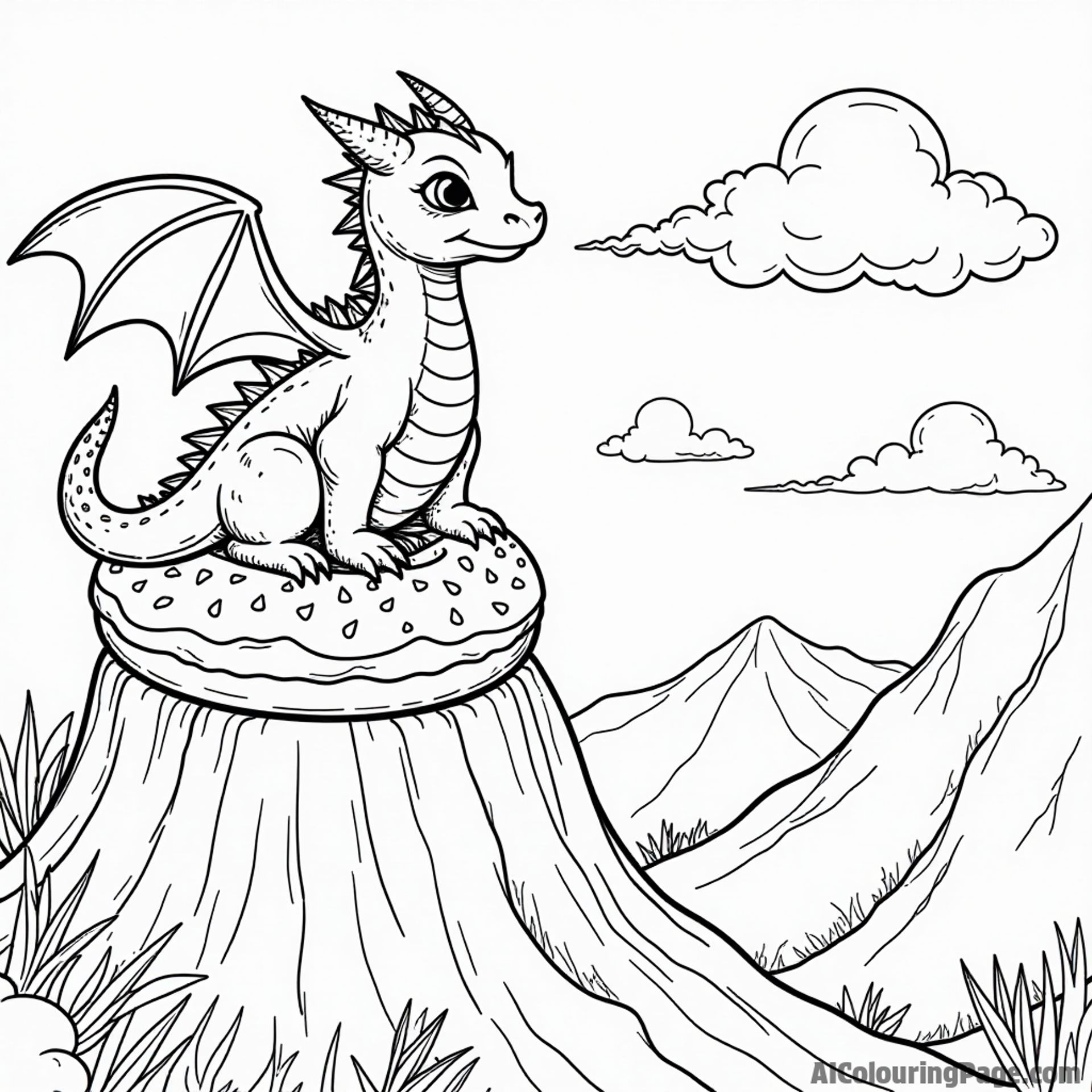 A fairy tale scene featuring a donut dragon perched on a donut mountain, breathing sweet icing instead of fire.