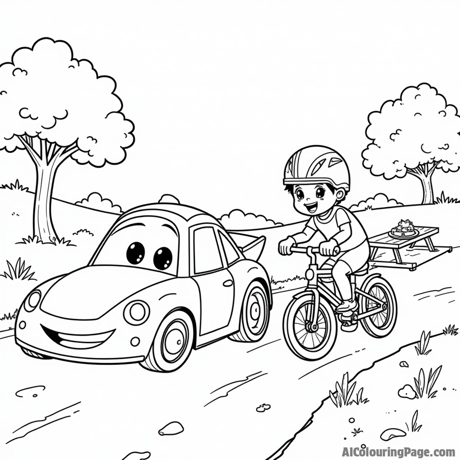 A friendly race car and a bicycle having a race in a park, with trees and picnic blankets in the background, emphasizing fun and healthy activities for kids.