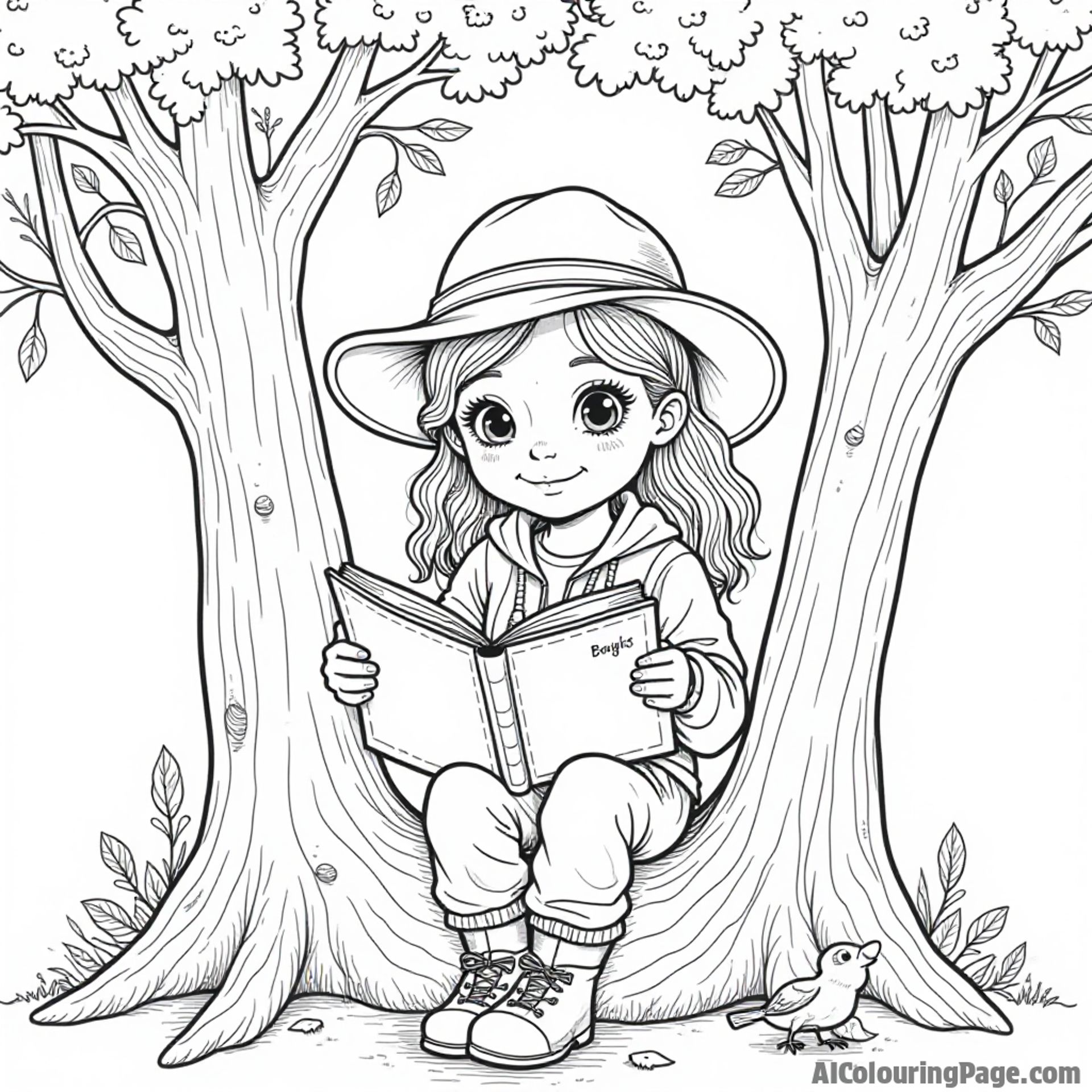 A young girl in an explorer hat, sitting in a treehouse, reading a book about adventures, with branches and birds surrounding her for a cozy coloring page.