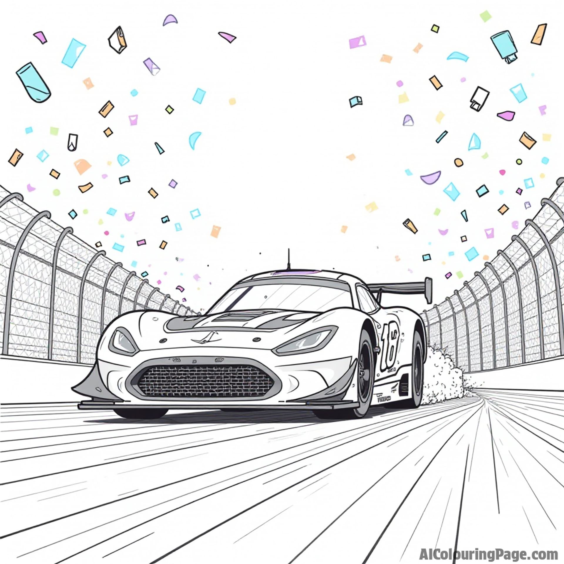 A race car crossing a vibrant finish line while confetti rains down, capturing the joy of winning and celebration, inviting kids to color their victory moments.
