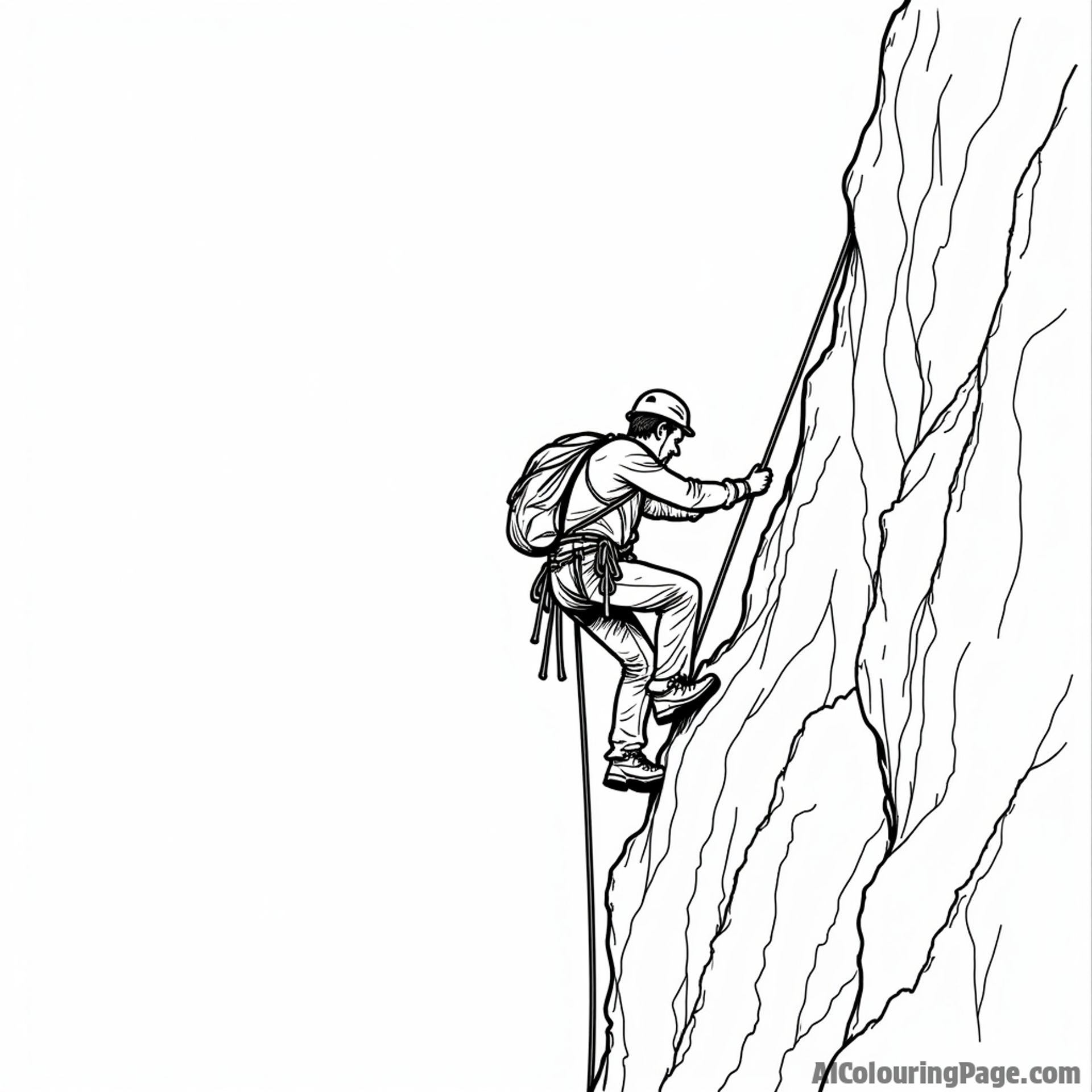 A dynamic composition of a mountain climber rappelling down a cliff.