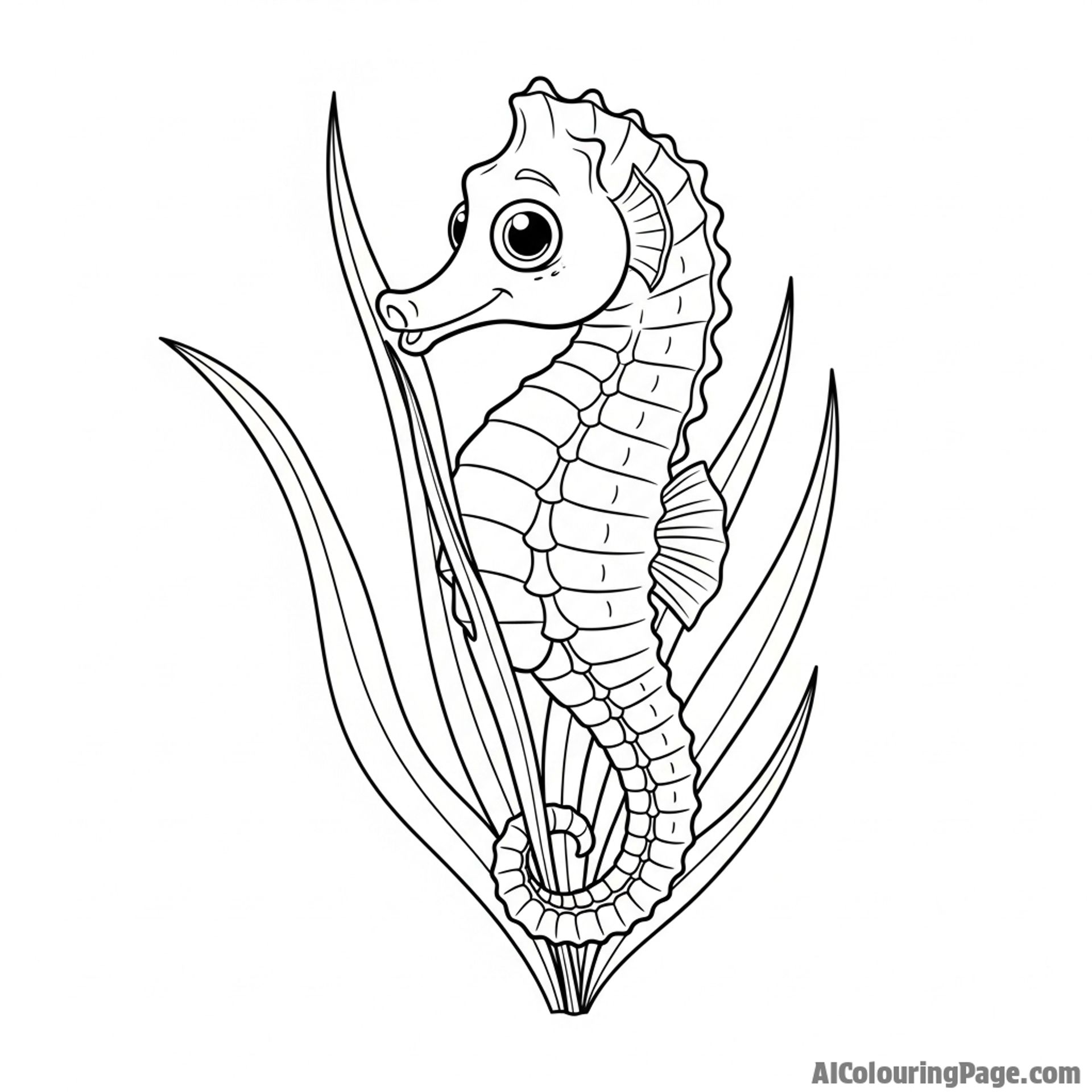 A seahorse clinging to a piece of seagrass with its prehensile tail