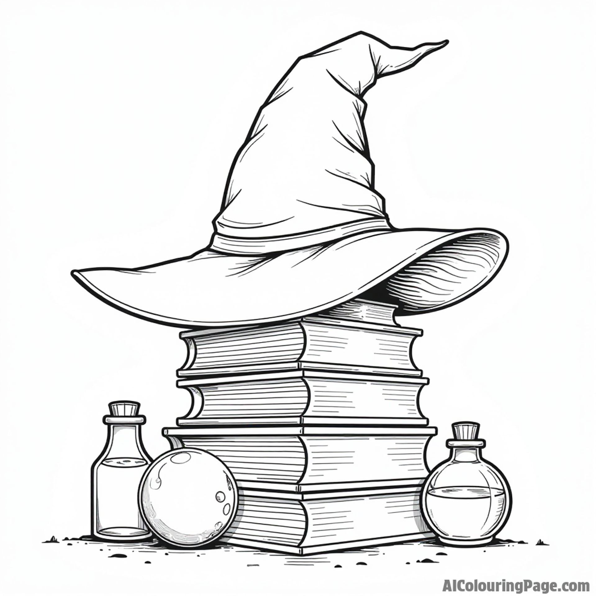 A witch's hat sitting atop a stack of books with a crystal ball and potion bottles surrounding it.