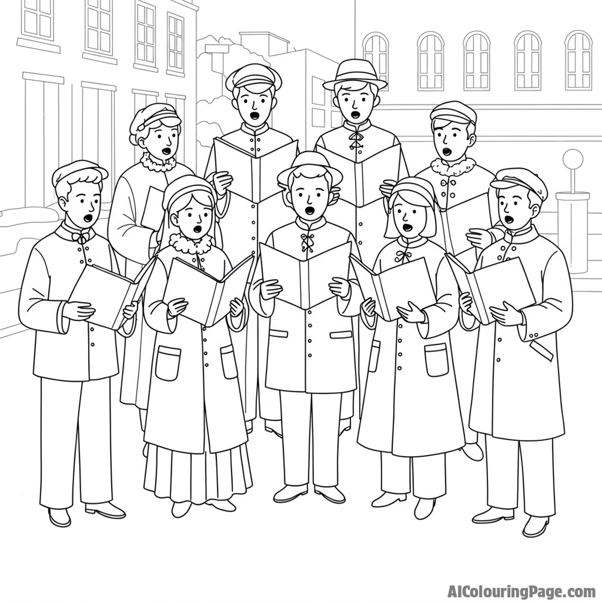 A group of carolers singing outdoors, their voices filling the square.