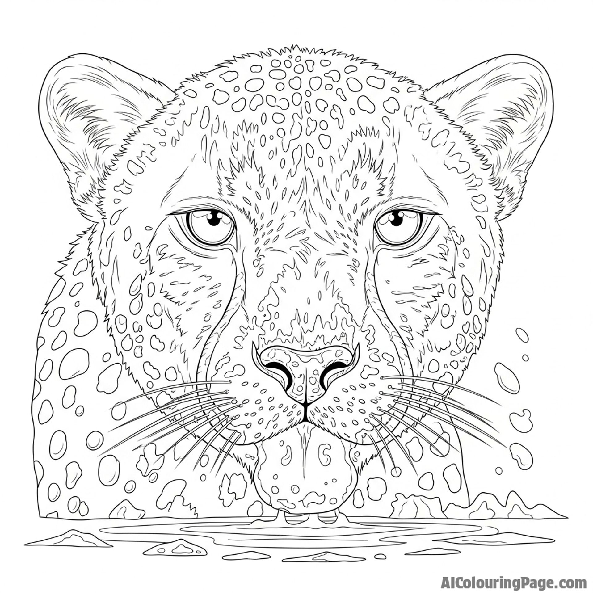 A cheetah's face splattered with mud after drinking from a muddy waterhole.