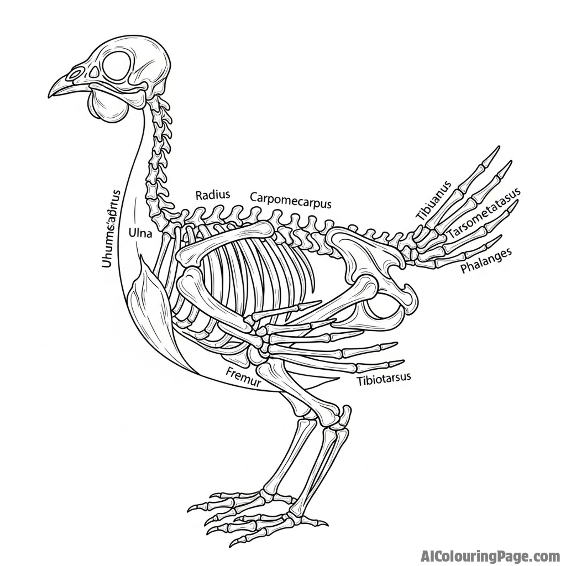 A detailed anatomical sketch of a chicken's skeleton.