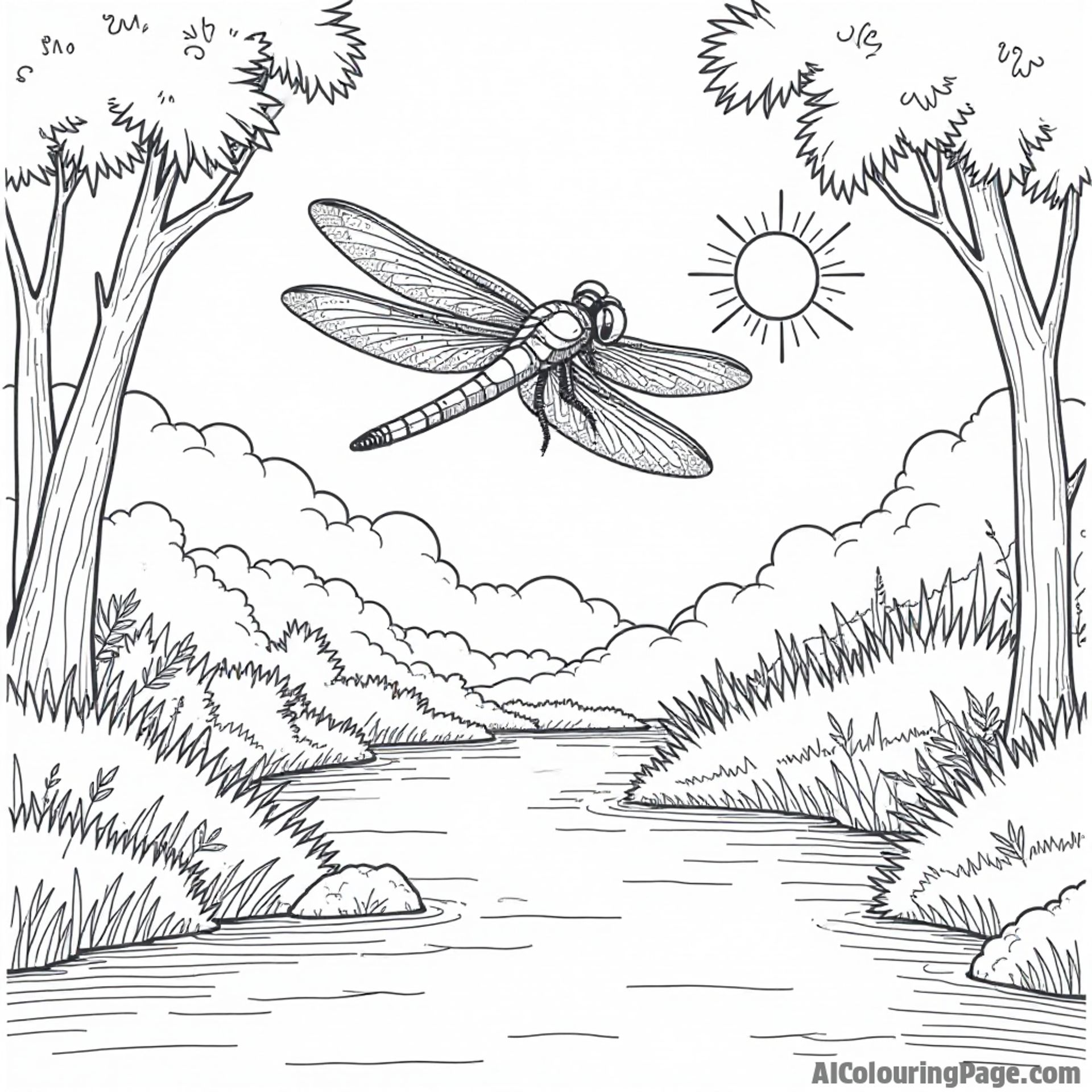 A dragonfly hovering over a sparkling river with a dragonfly friend, while a sunbeam shines through the trees.