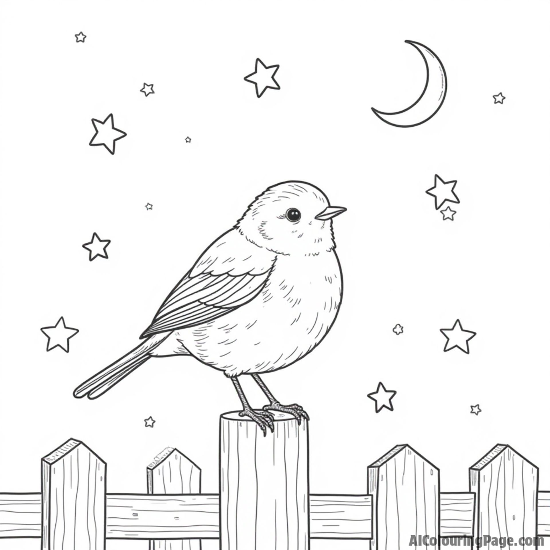 A robin surrounded by magical stars and a crescent moon, perched on a fence post, ideal for nighttime coloring fun.