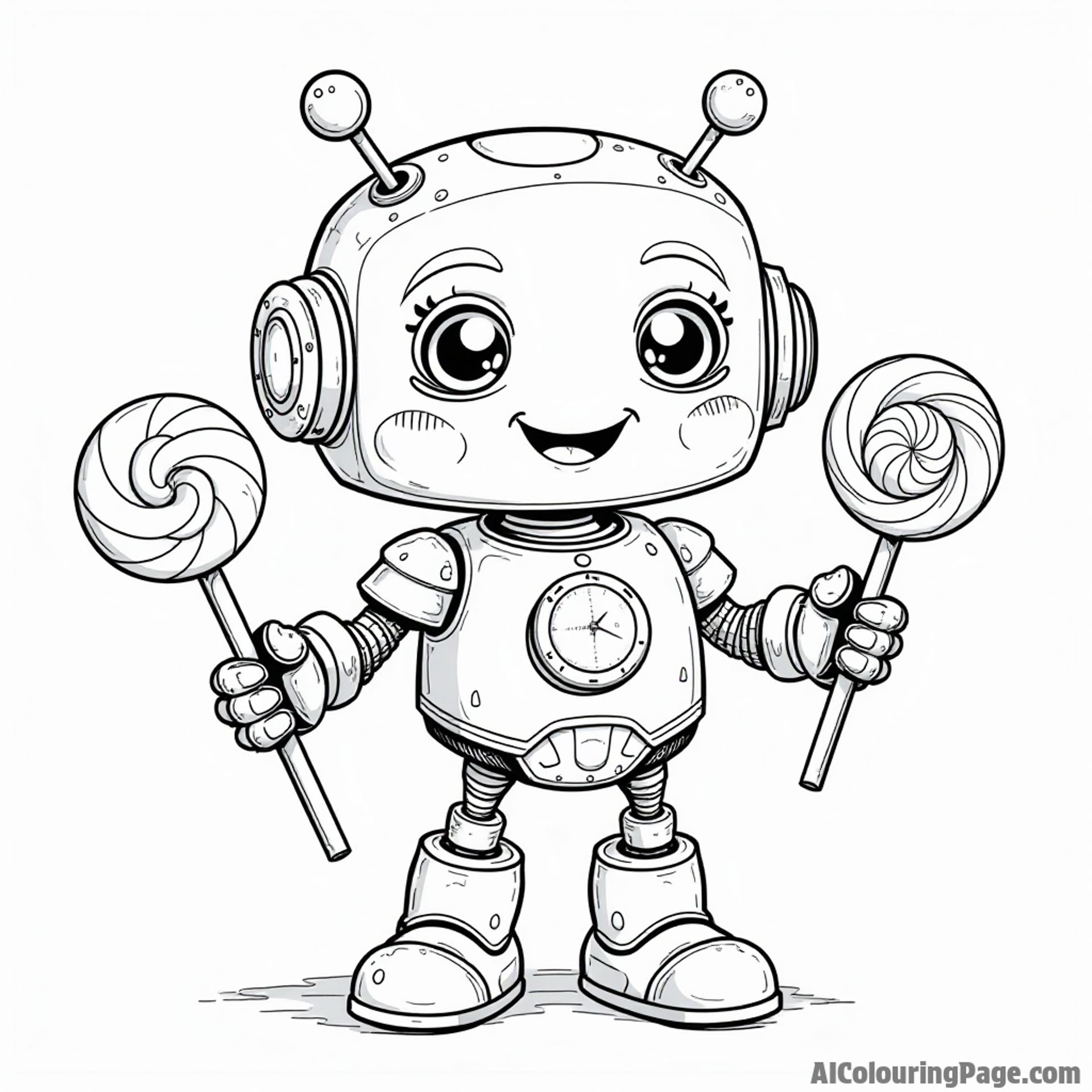 A cute candy robot with sweet features made of chocolate, gummies, and lollipops, inviting kids to color its unique design.