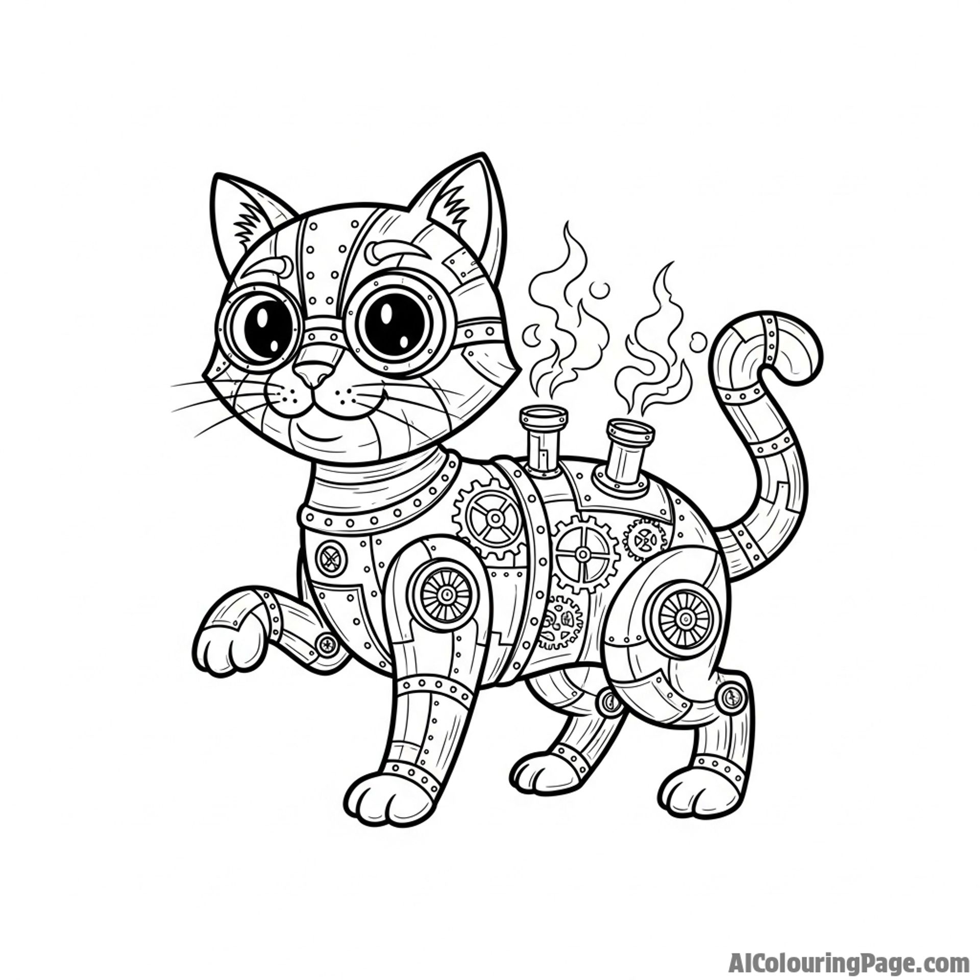 A steampunk cat with gears and cogs integrated into its metallic form.