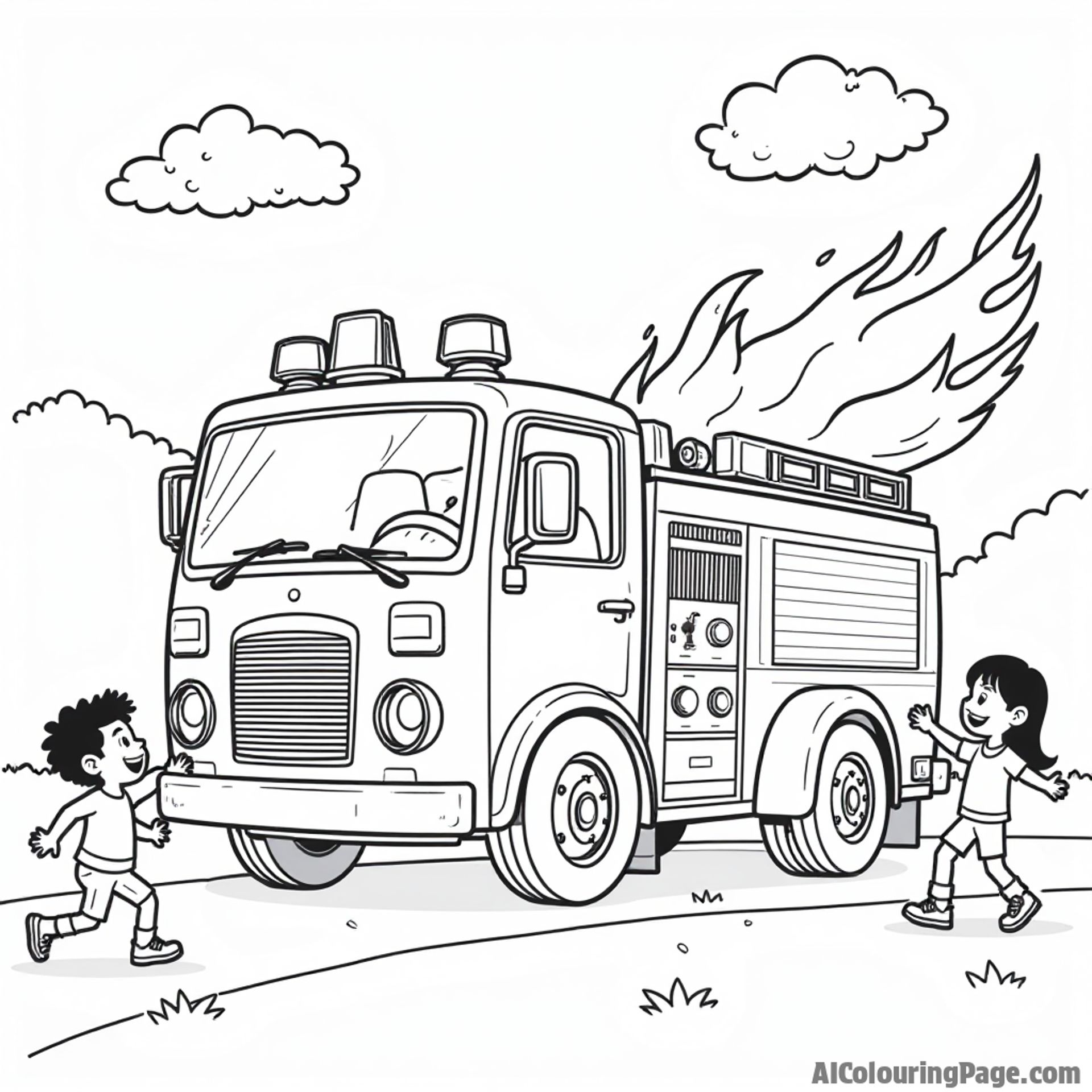 A whimsical scene of a fire truck with cartoonish flames, while children play jump rope nearby, inviting imaginative coloring adventures for kids.