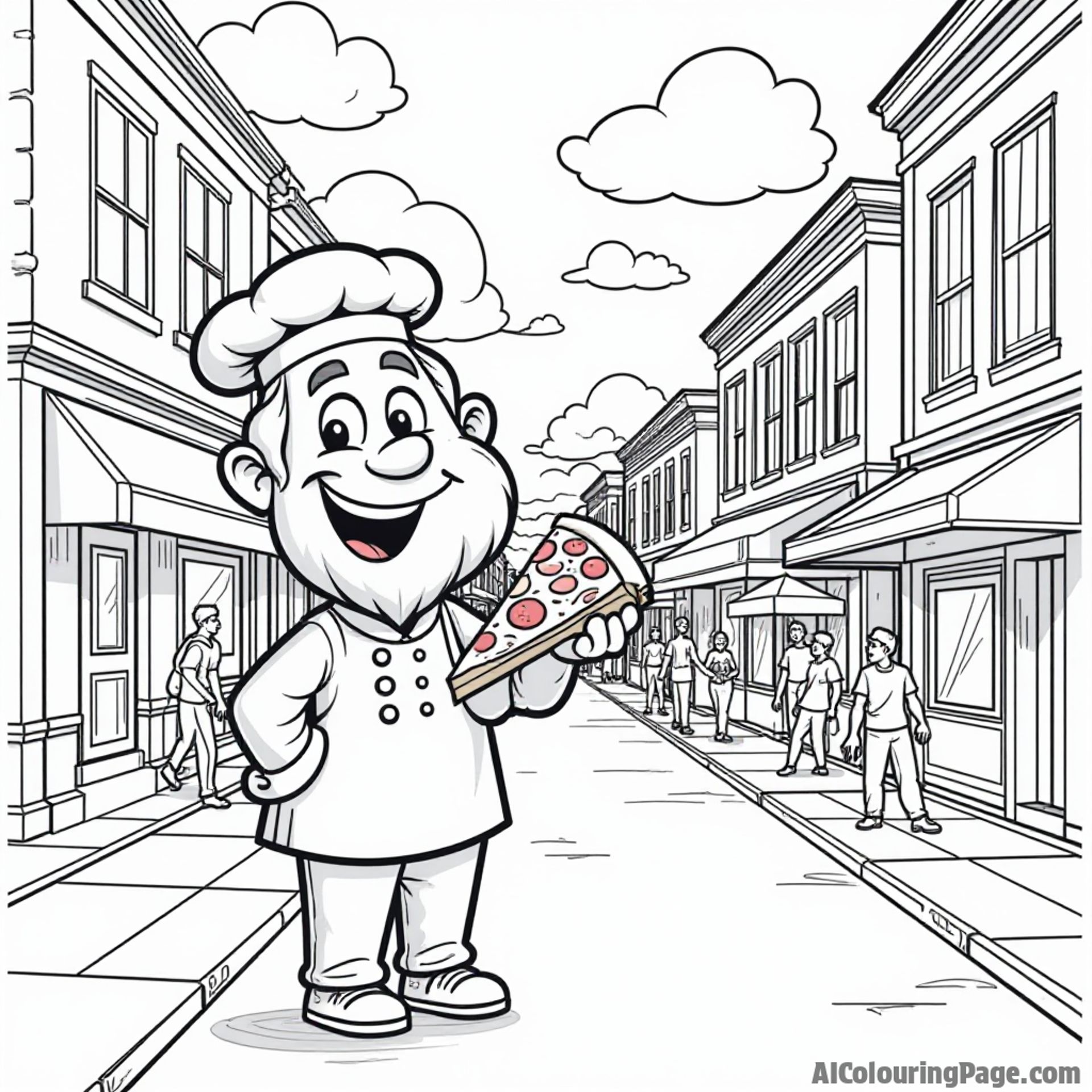 Charming New Haven pizza slice, a cheerful chef holding it, and a bustling street scene, inviting kids to color.