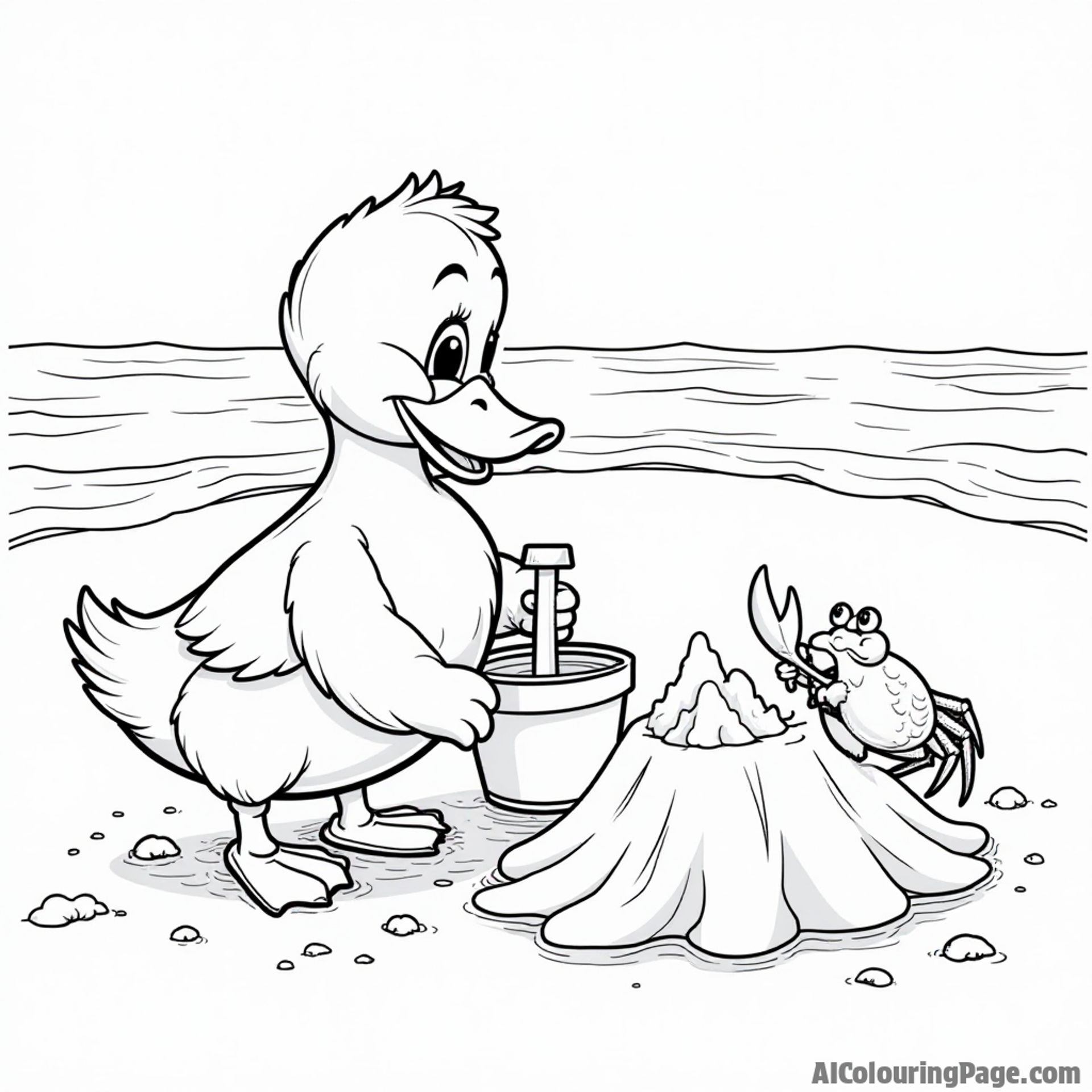 A duck building a sandcastle on the beach with a bucket and shovel while a crab watches curiously.