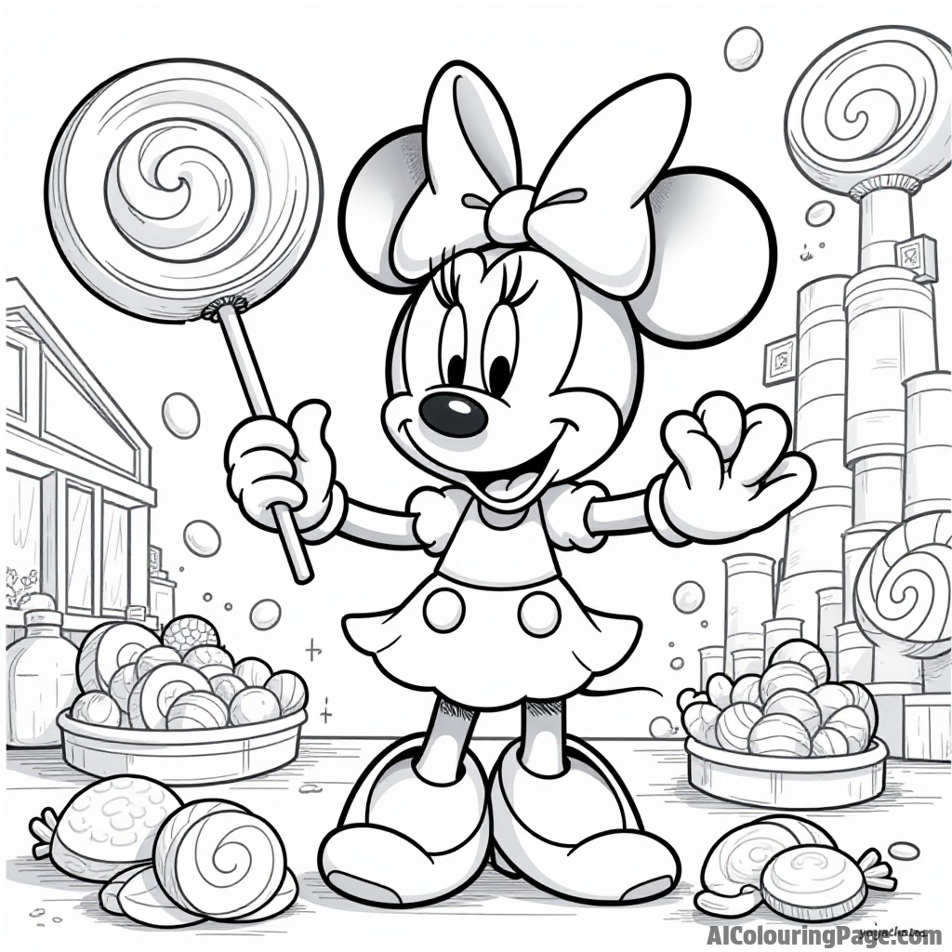 Minnie Mouse visiting a candy factory, surrounded by giant lollipops and colorful candies, with a big smile on her face