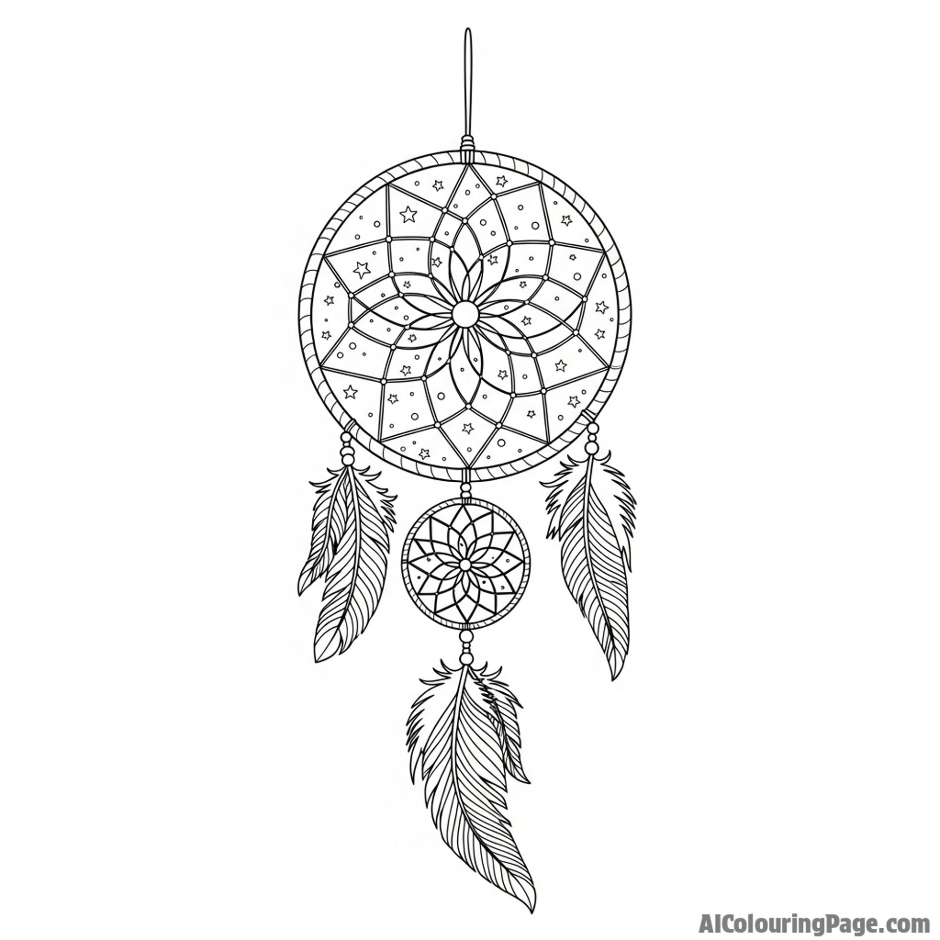 Dream catcher hanging with a star-filled sky visible through it.