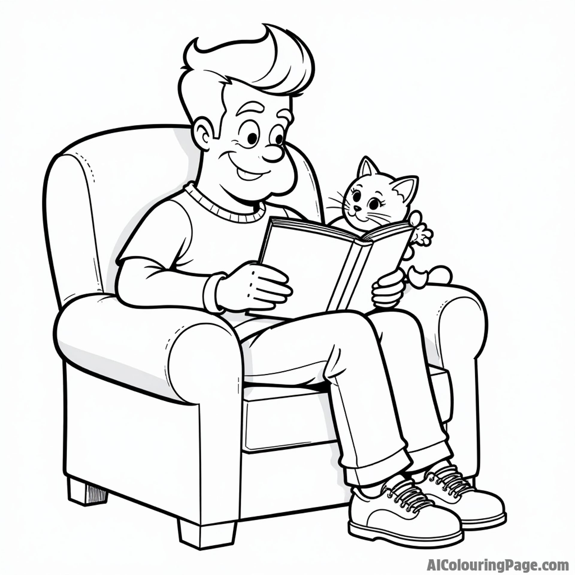 Johnny Bravo reading a comic book in a cozy chair with a cat on his lap