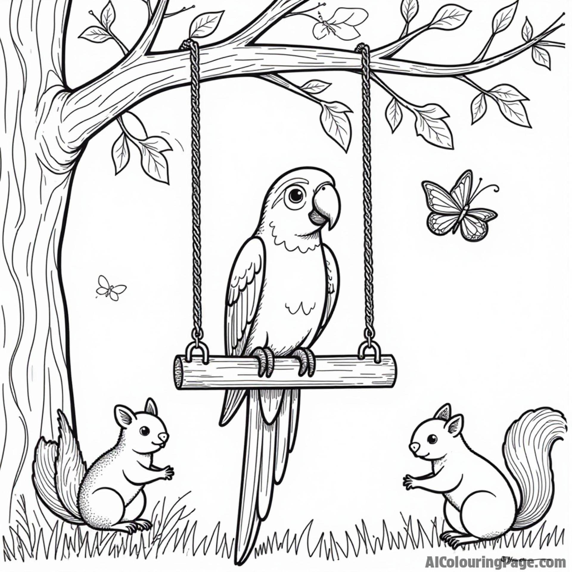 A parrot sitting on a swing hanging from a tree, surrounded by playful squirrels and butterflies having fun