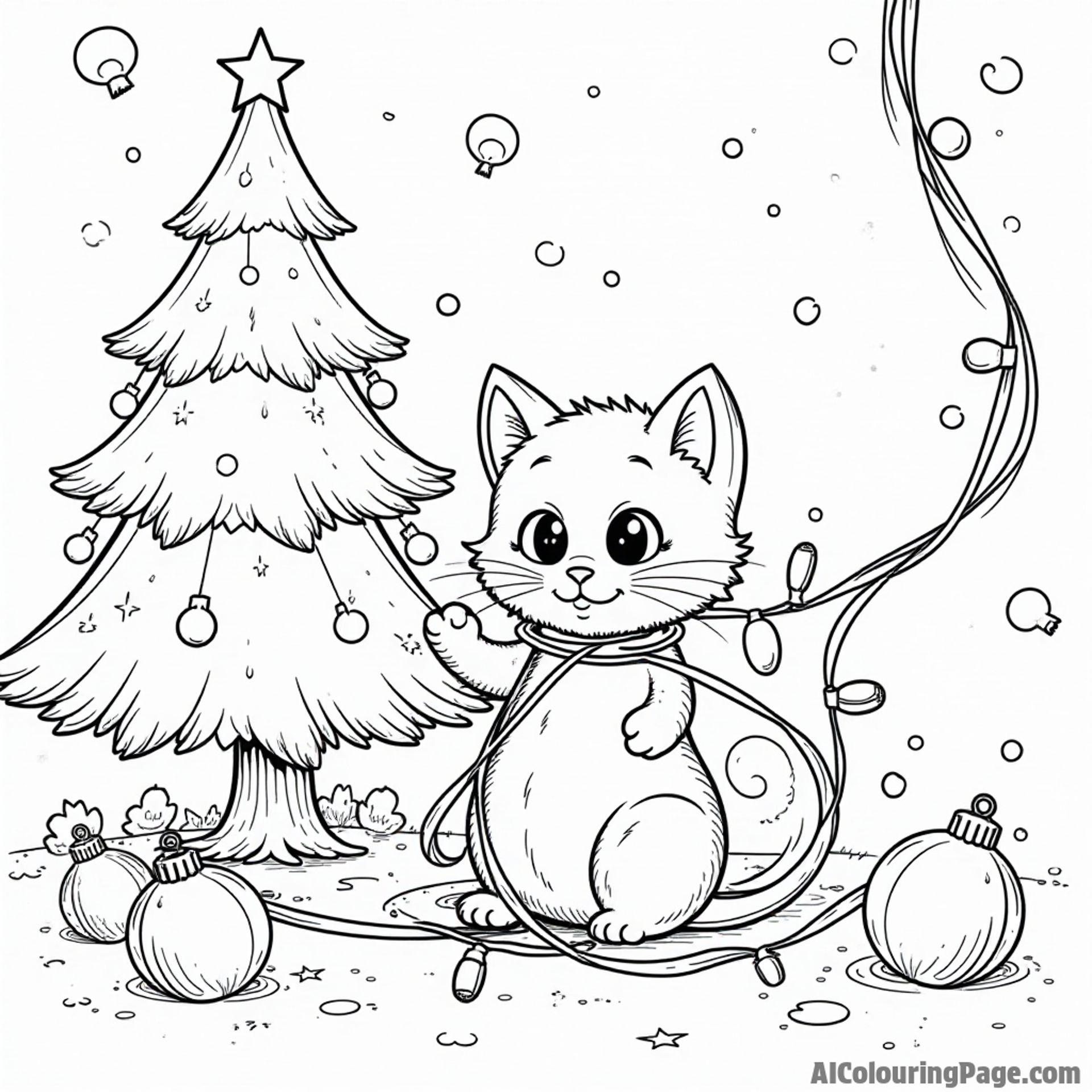 A playful Christmas scene with a cat tangled in holiday lights, surrounded by ornaments and a tree ready for decoration.