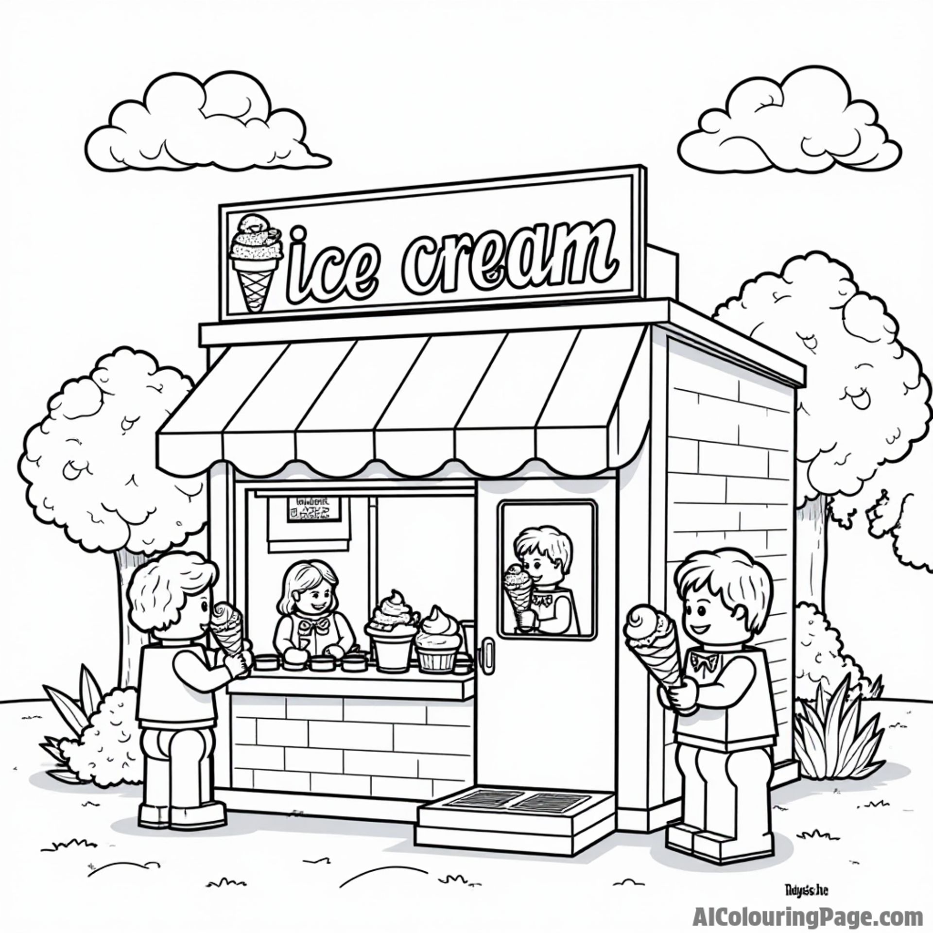 A LEGO ice cream shop with a colorful sign, various ice cream cones, and children enjoying their treats outside.