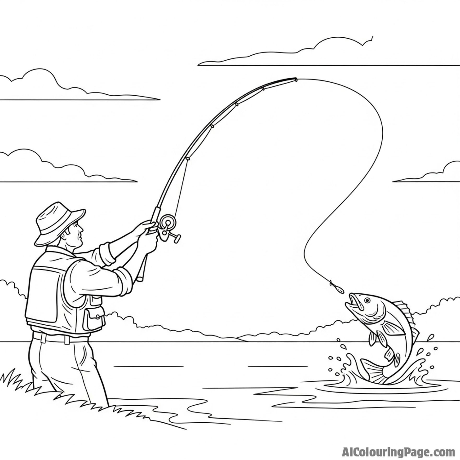 A fisherman casting a line, a fish leaping for the bait in the distance.