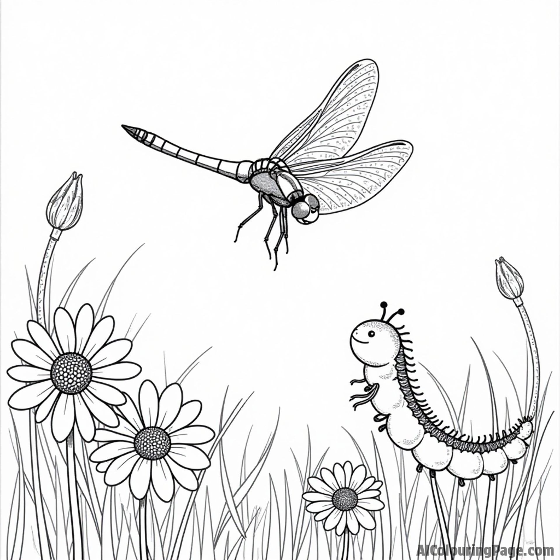 A dragonfly dancing in the air above a field of daisies with a curious caterpillar peeking out to watch.