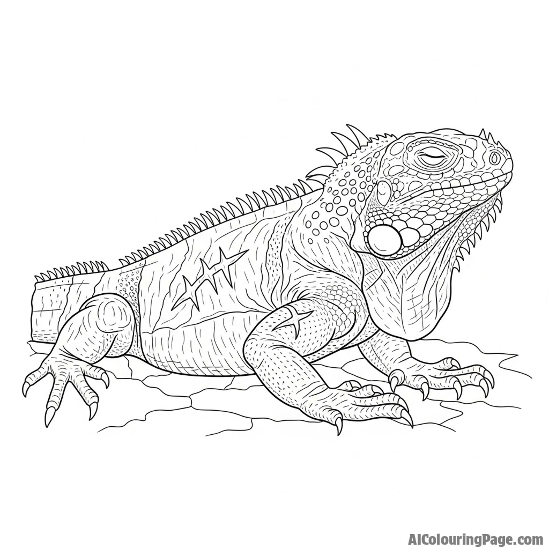 A weathered, old iguana with scars on its hide, resting on sun-baked earth.
