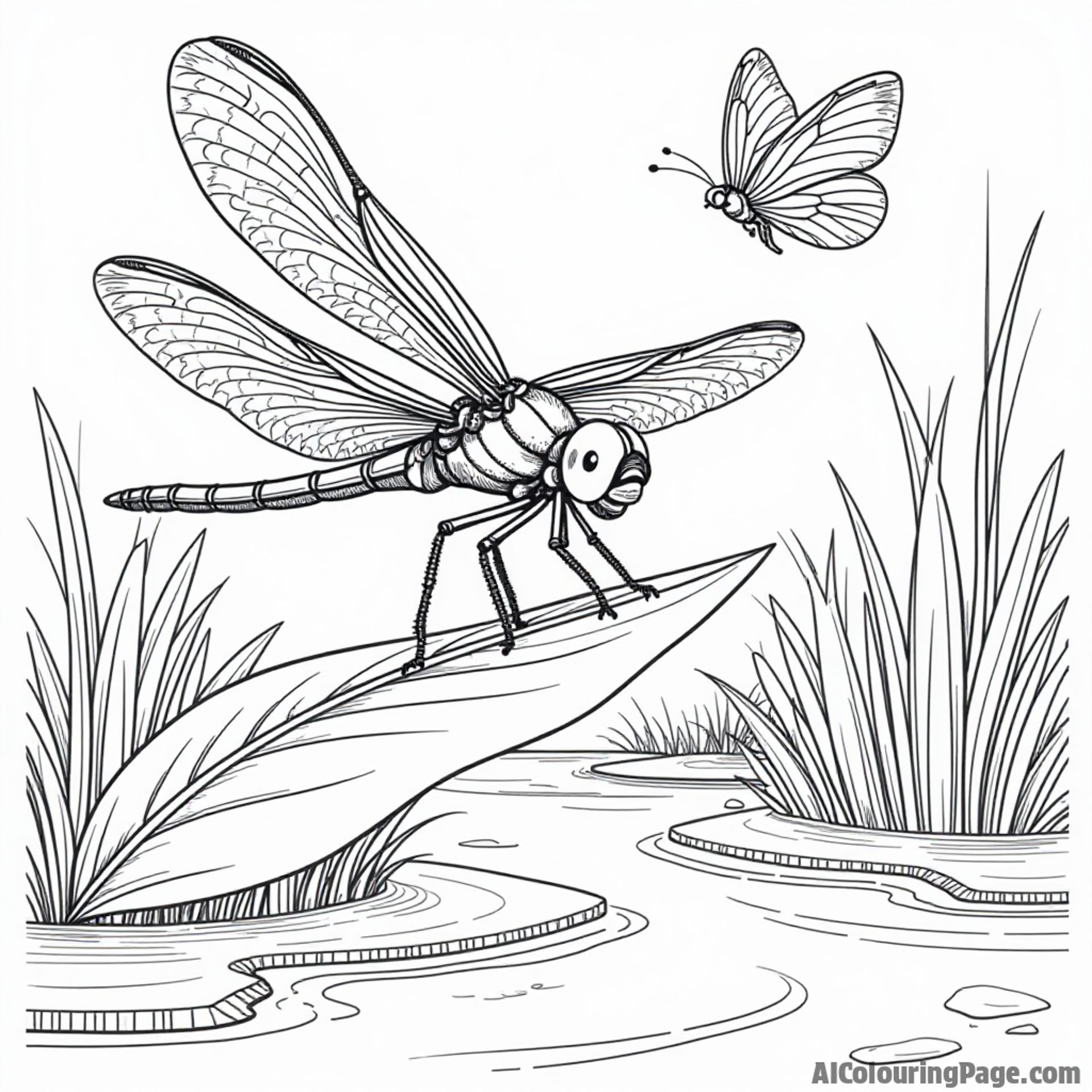A dragonfly perched on a leaf beside a gentle stream with a butterfly fluttering nearby, perfect for coloring fun.