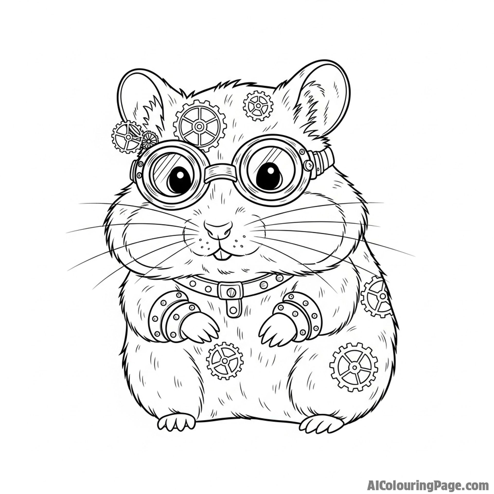 A steampunk hamster with tiny brass goggles and gear accessories