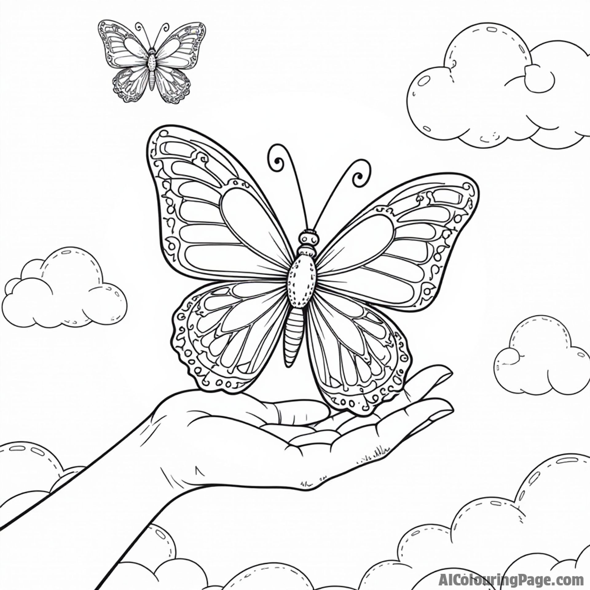 A whimsical butterfly perched on a child’s hand, surrounded by swirling clouds and playful birds in the sky.