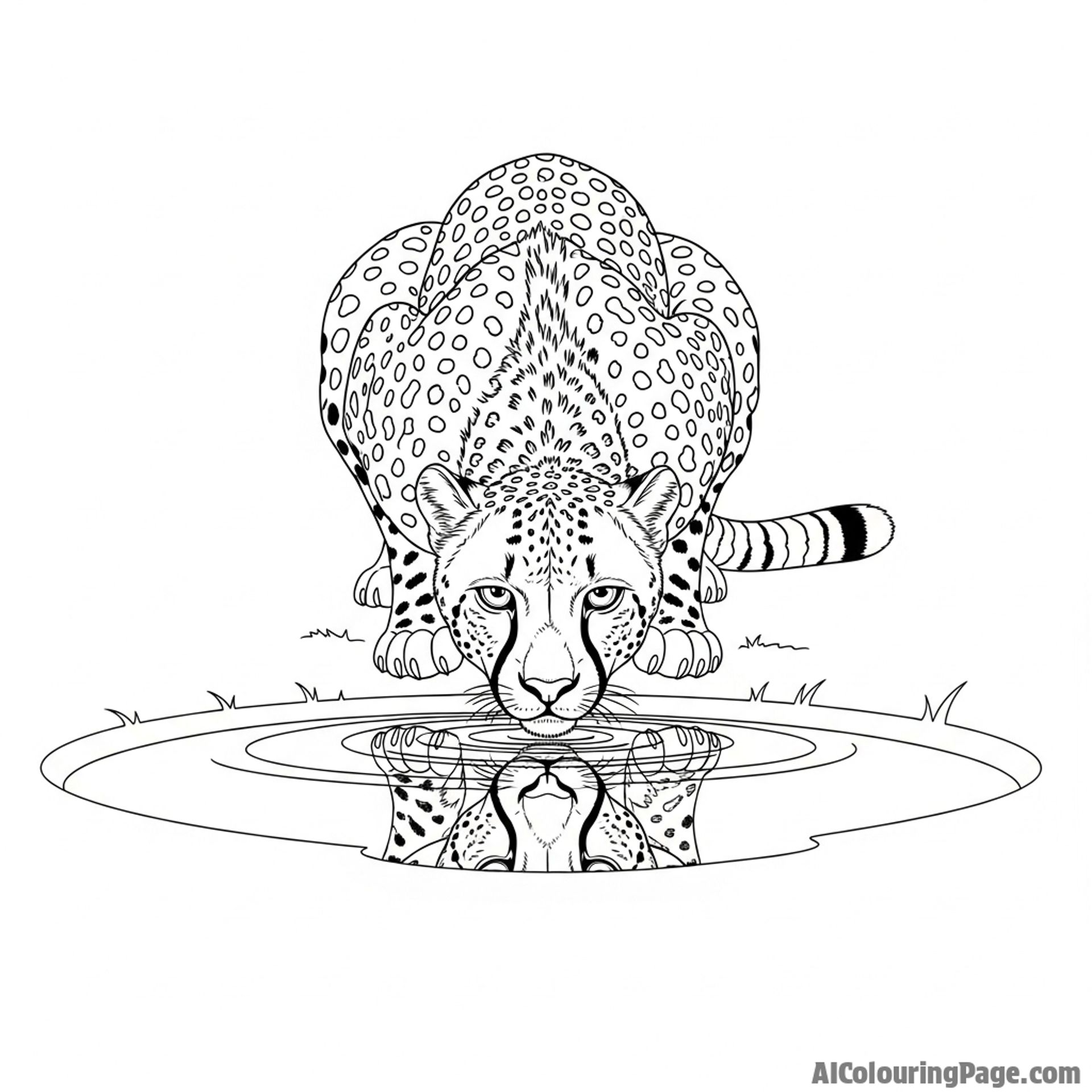 A cheetah drinking from a still waterhole, its reflection rippling on the surface.