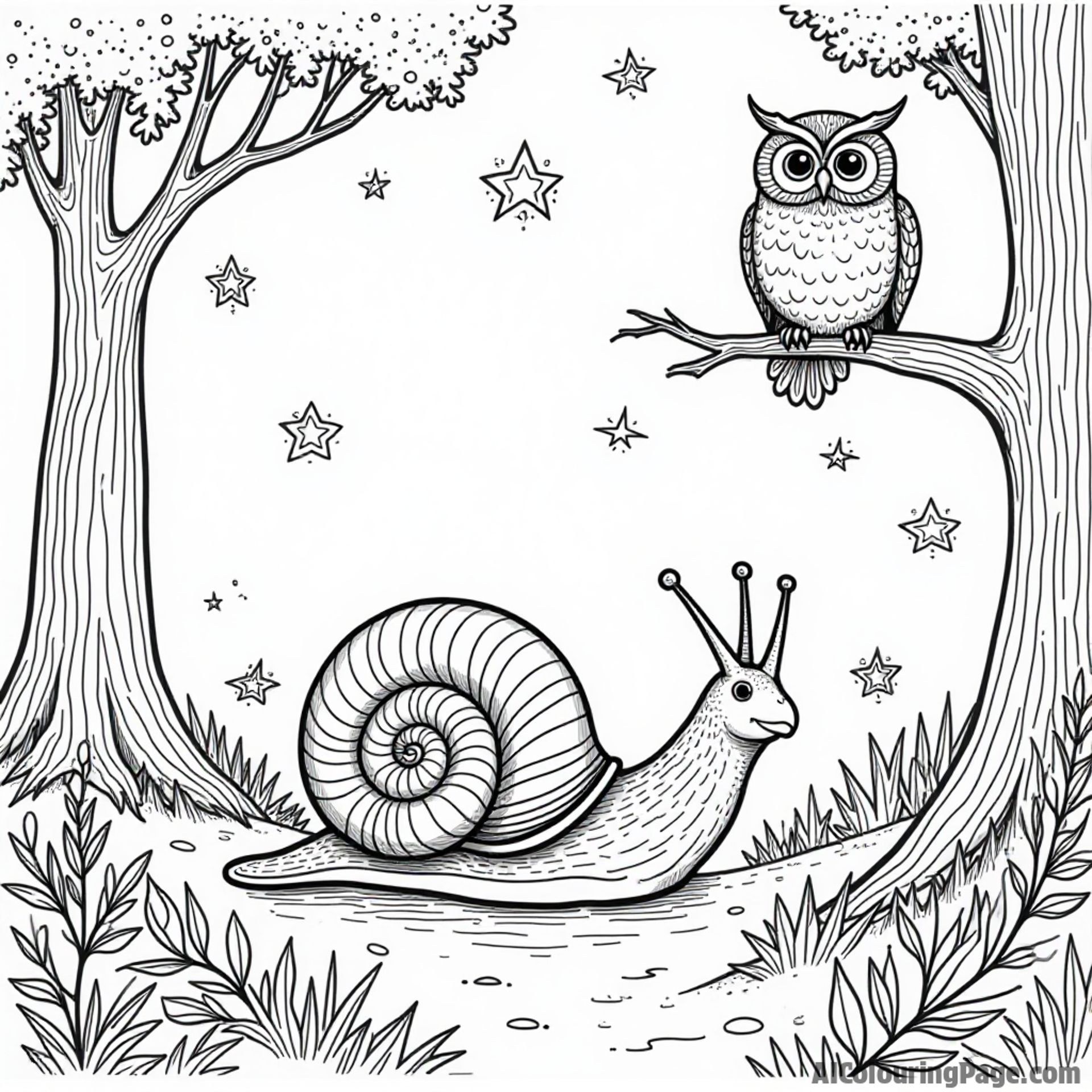 A snail gliding through a magical forest, with twinkling stars above and a wise owl perched on a branch.