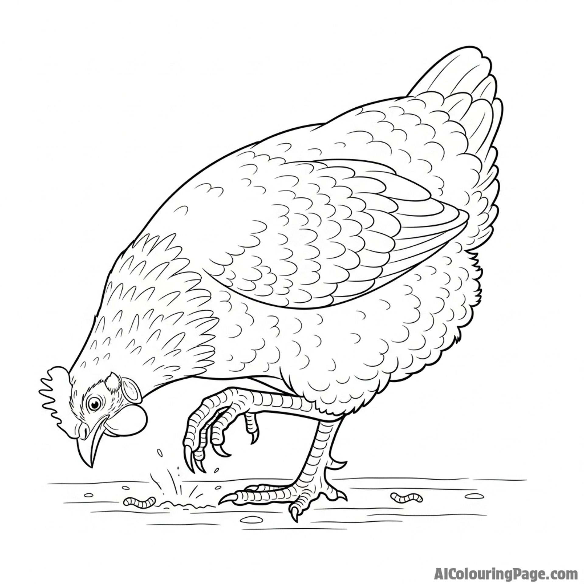 A chicken scratching the ground for insects, hyper-detailed focus on its claws.