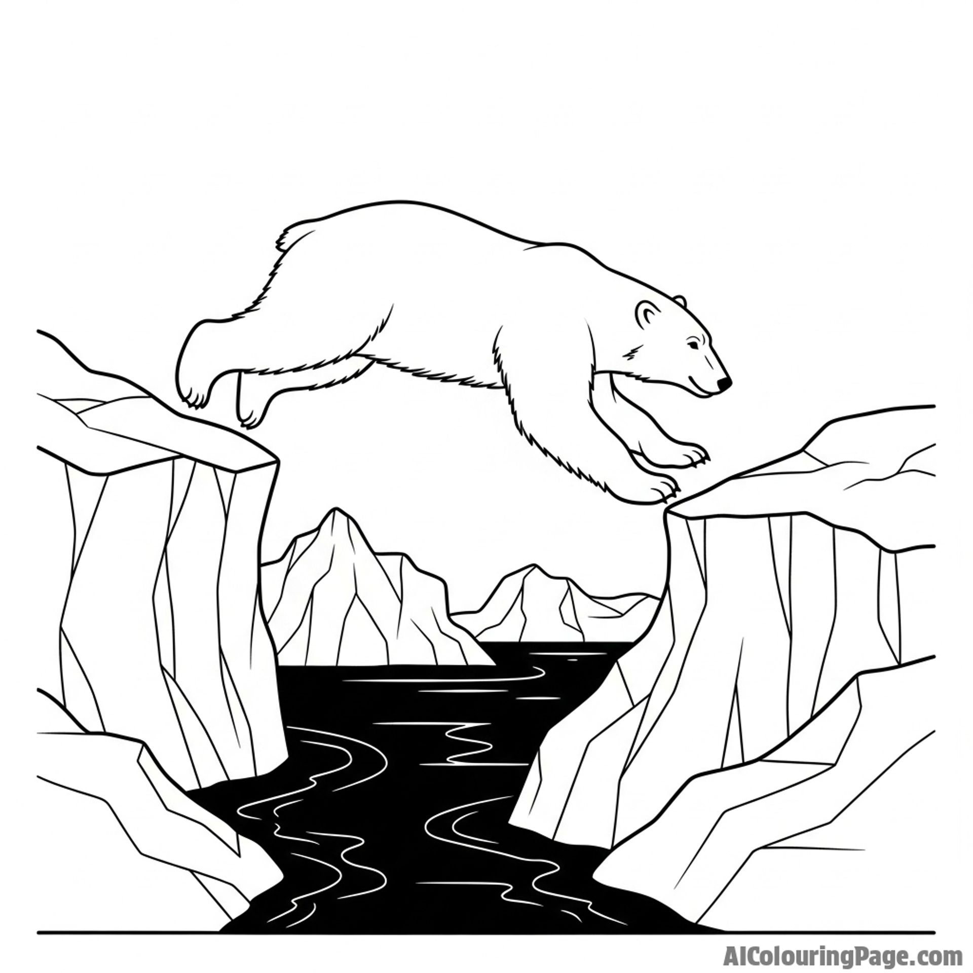 A polar bear leaping from one iceberg to another across a channel of dark water.