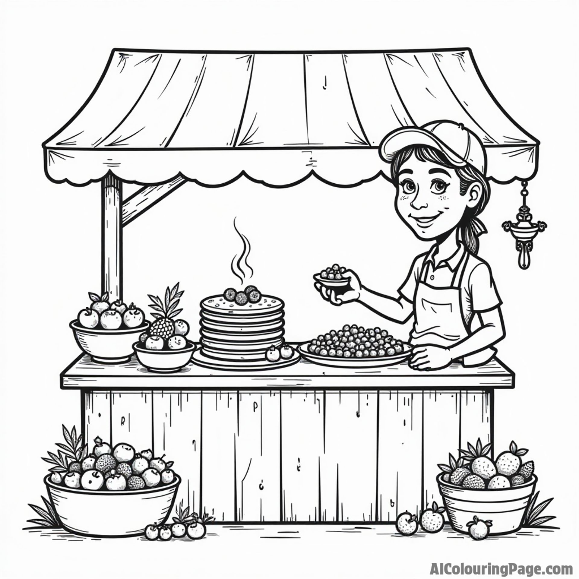 A colorful farmer's market with a stall selling pancakes topped with fresh fruits and a cheerful vendor