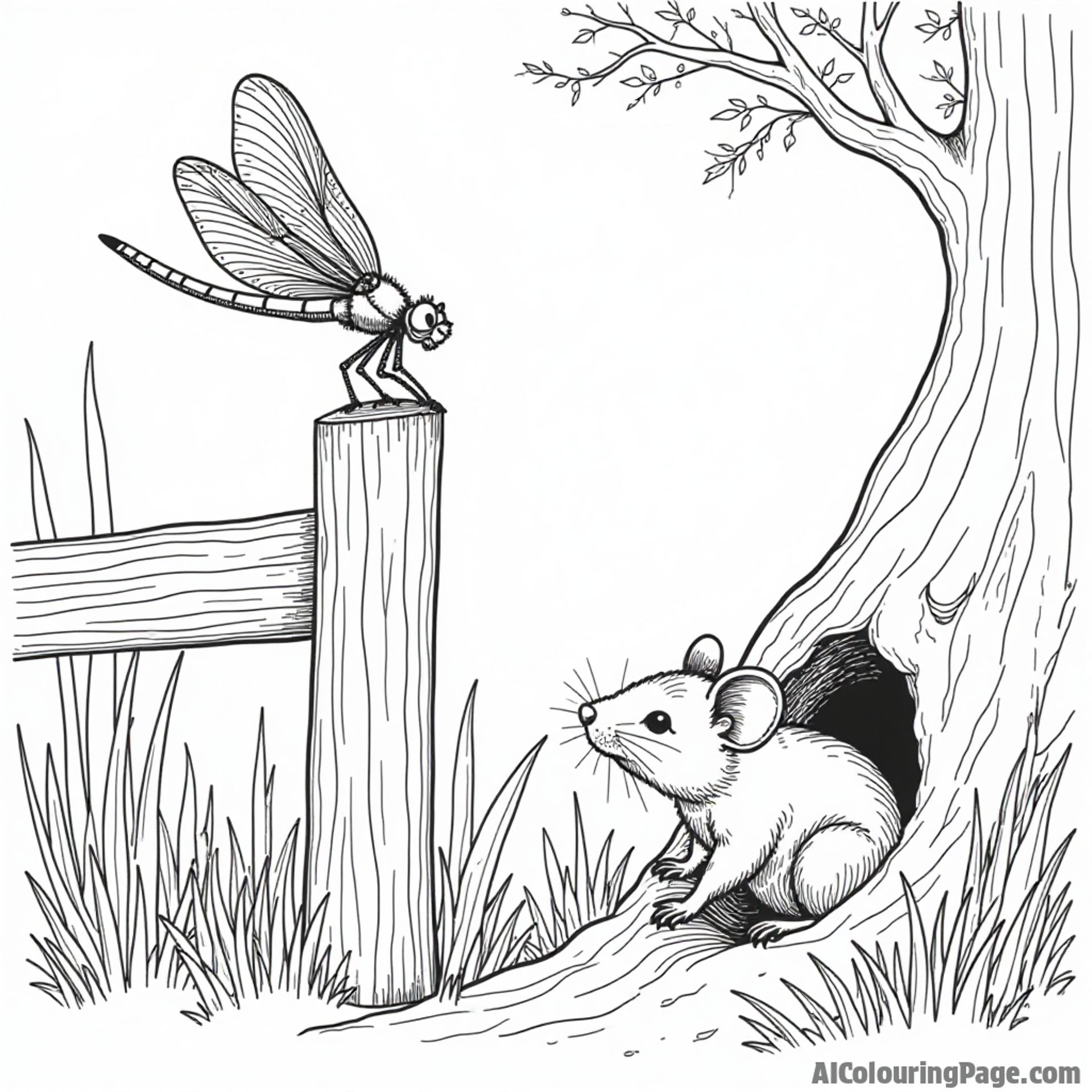A dragonfly perched on a fence post while a curious mouse peers out from a hole in the wood.