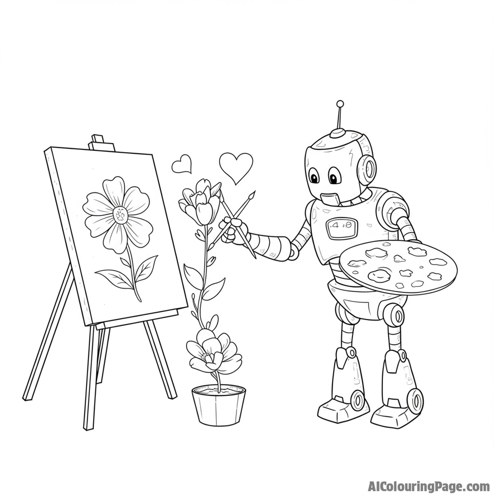 A robot painting a portrait of a flower with affection.