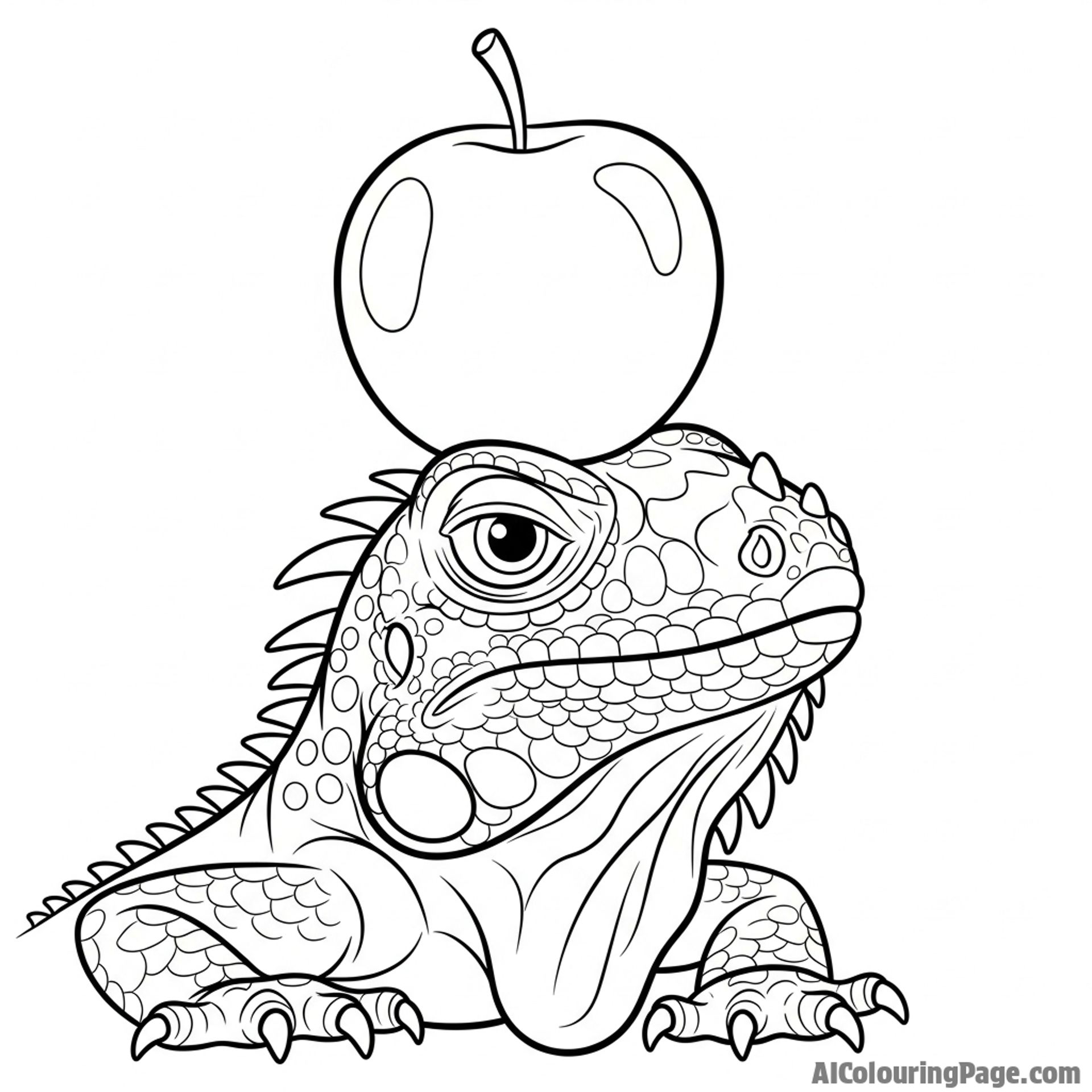 A comical shot of an iguana with a piece of fruit stuck on its head.