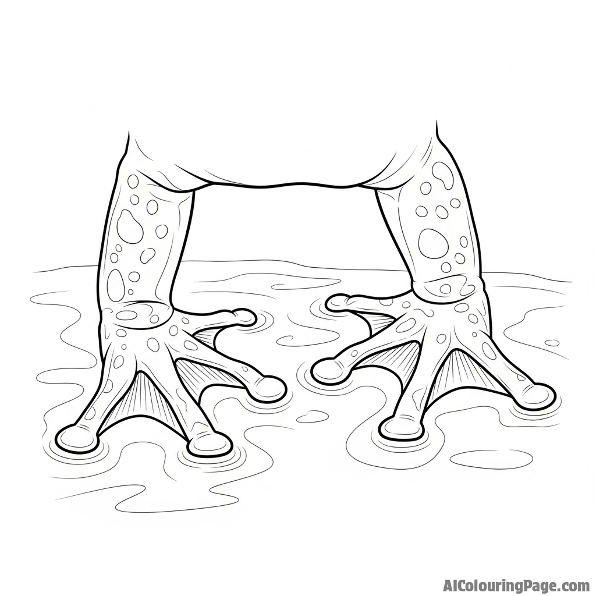 A close-up on a frog's webbed feet, spread out on a wet surface.