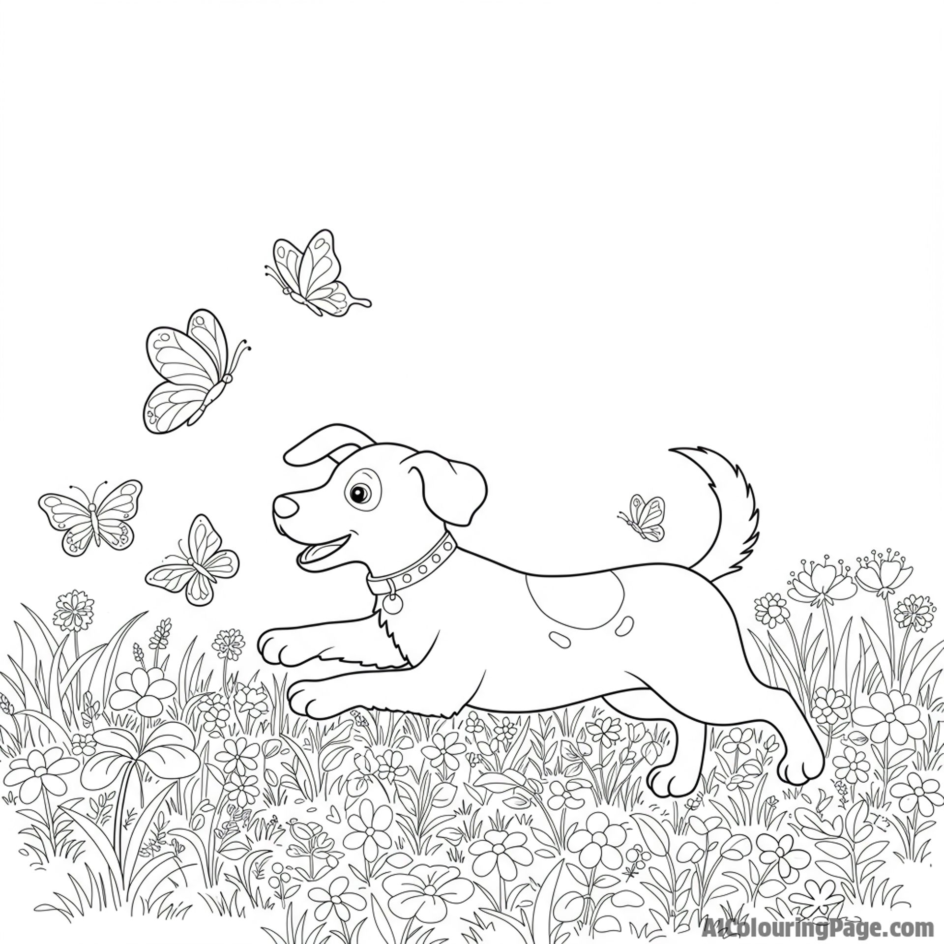A dog playfully chasing butterflies in a field.
