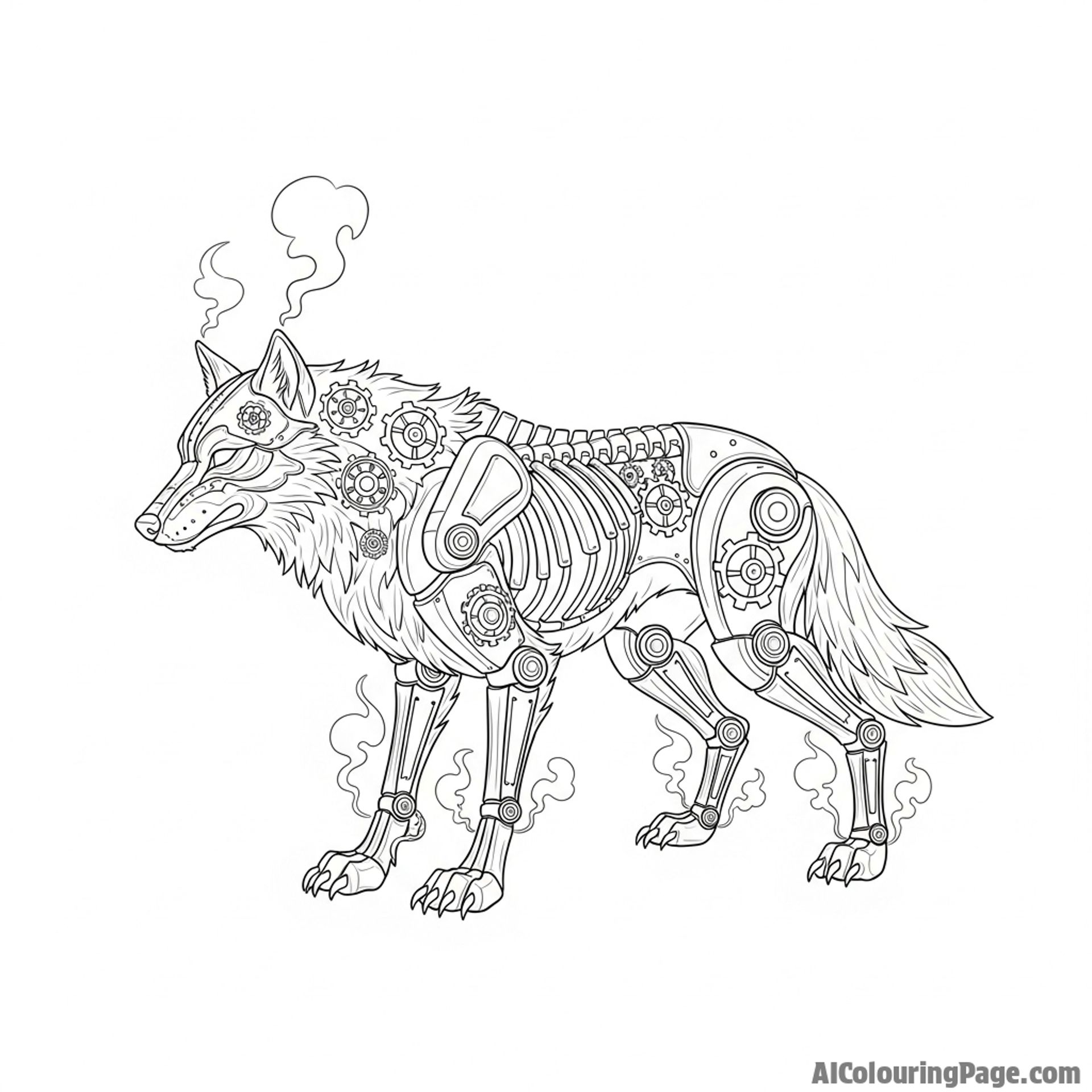 A fantastical mechanical wolf, with visible gears and cogs, steam venting from its joints.