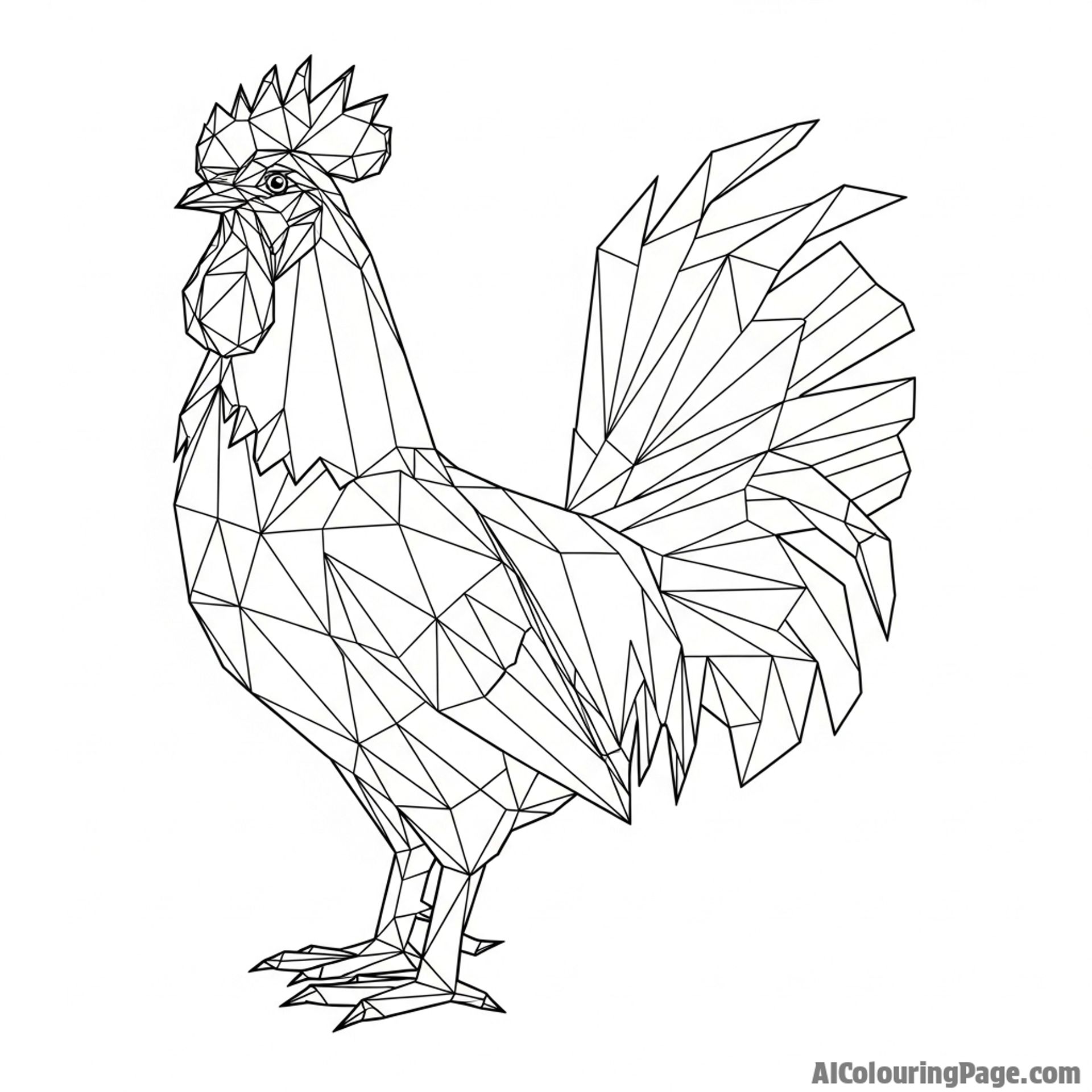 A low-poly, geometric digital art representation of a rooster.