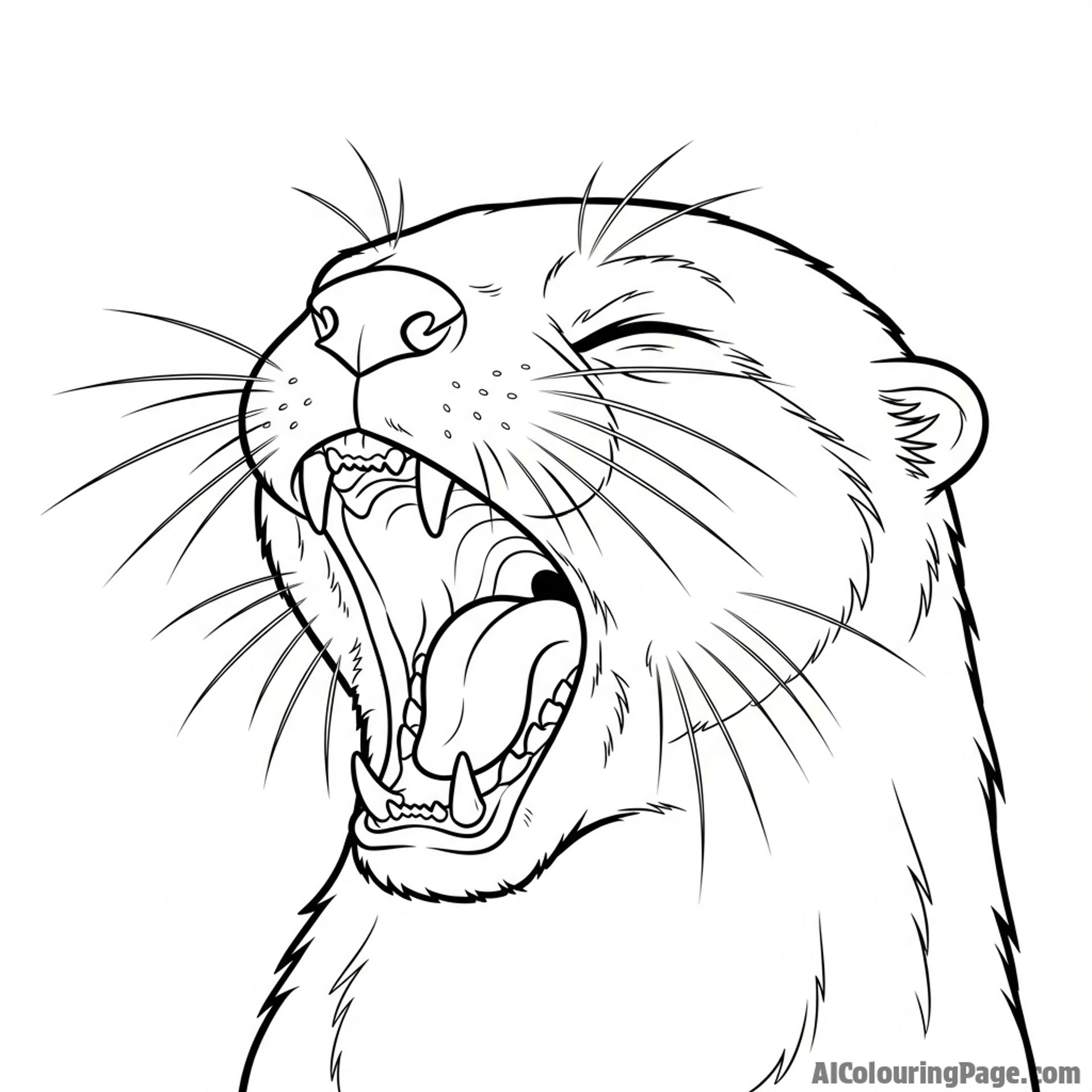 Close-up of an otter yawning, showing its sharp teeth.