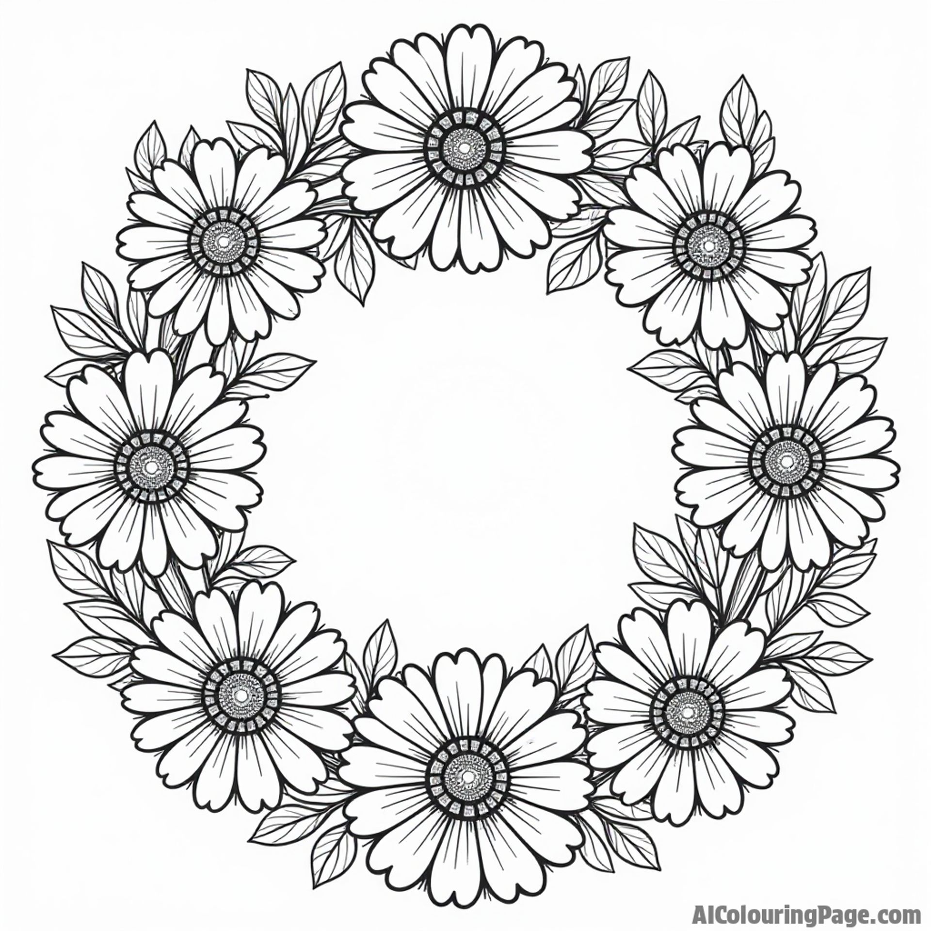A traditional Day of the Dead marigold wreath with intricate details and butterflies, perfect for children to color while learning about cultural celebrations and traditions.