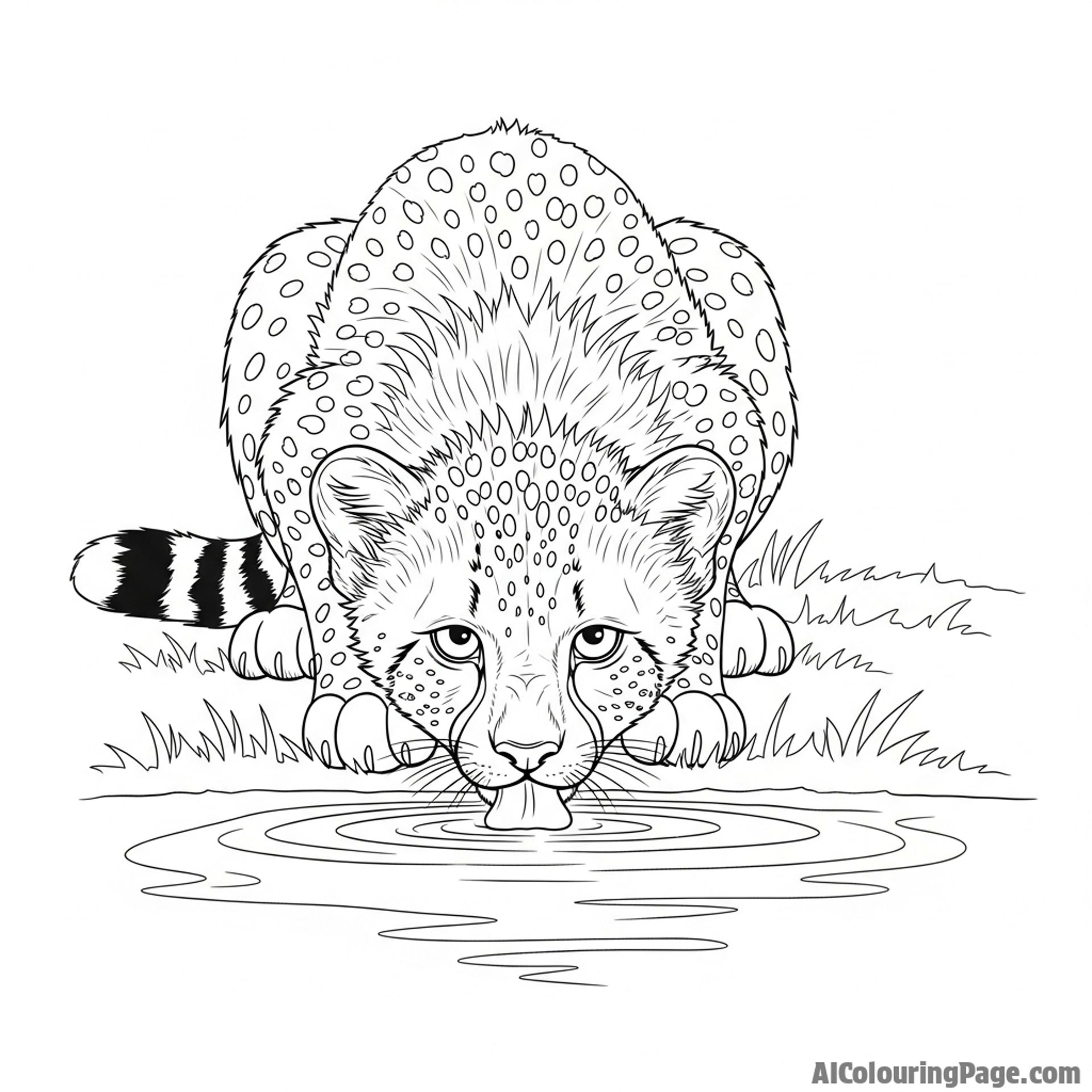 A cheetah cub learning to drink, its face just inches above the water's reflective surface.