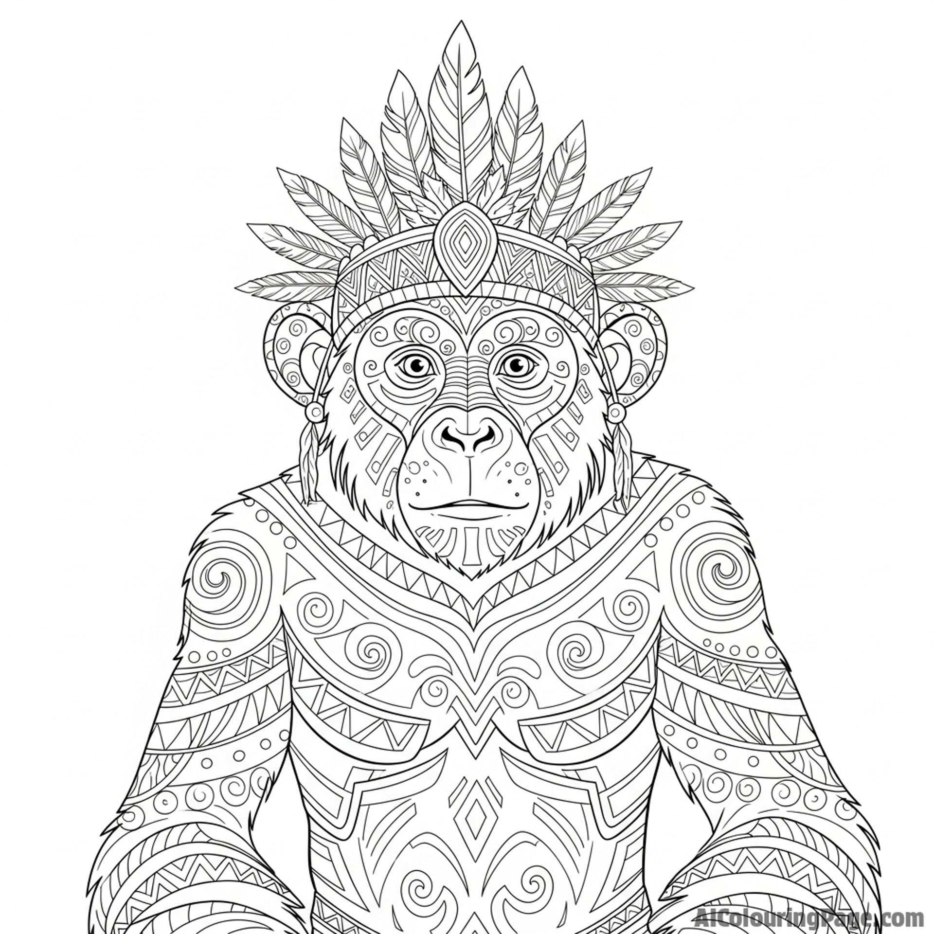 A fantasy scene of a monkey chieftain with intricate tribal body paint.