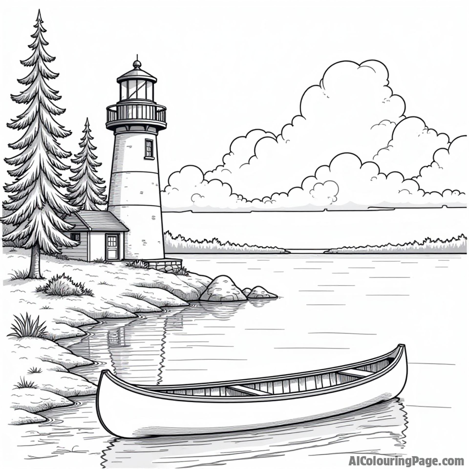 A peaceful lakeside scene with a lighthouse, pine trees, and a canoe on Lake Michigan for a coloring book.