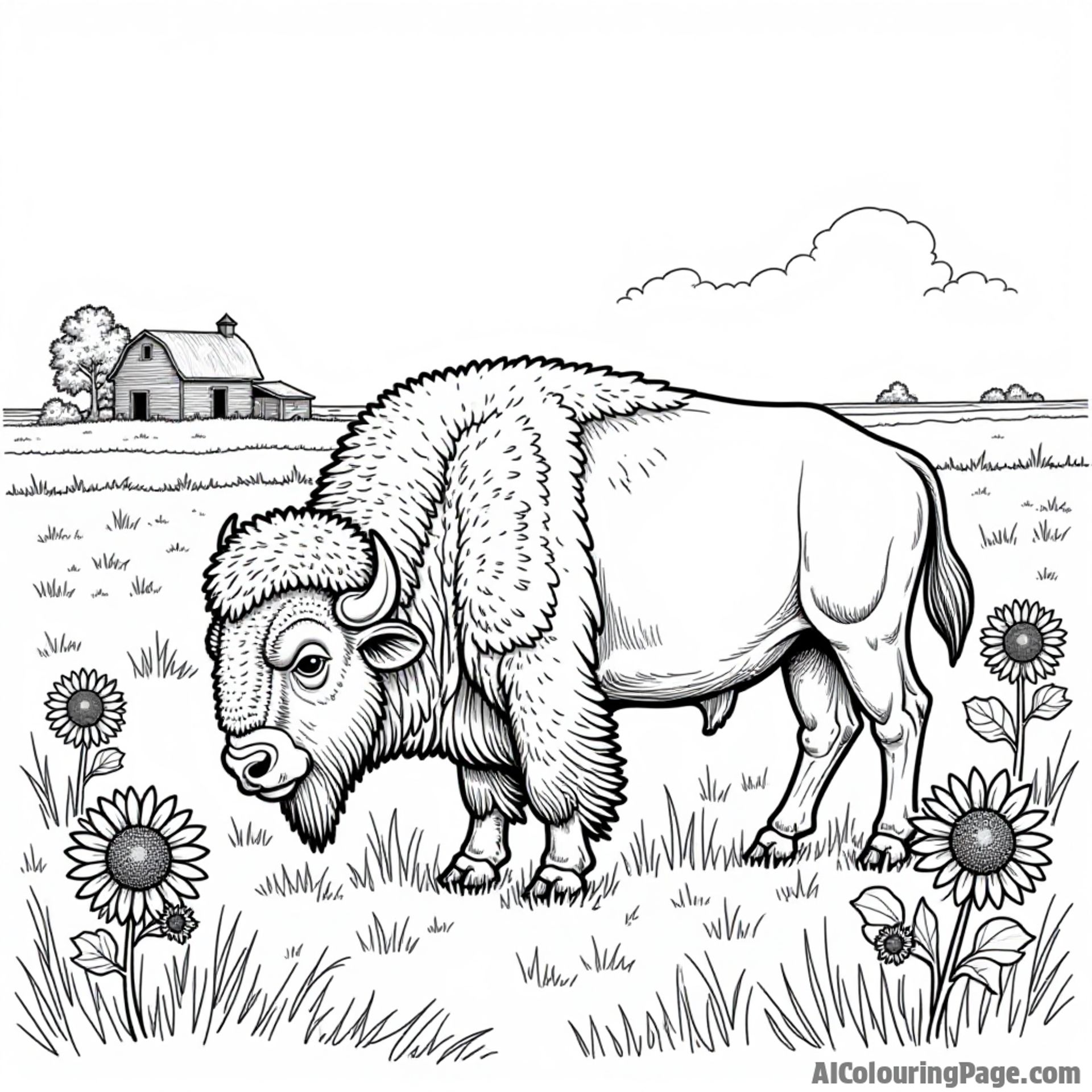 A bison grazing in a North Dakota prairie with sunflowers and a distant barn, perfect for coloring book fun.