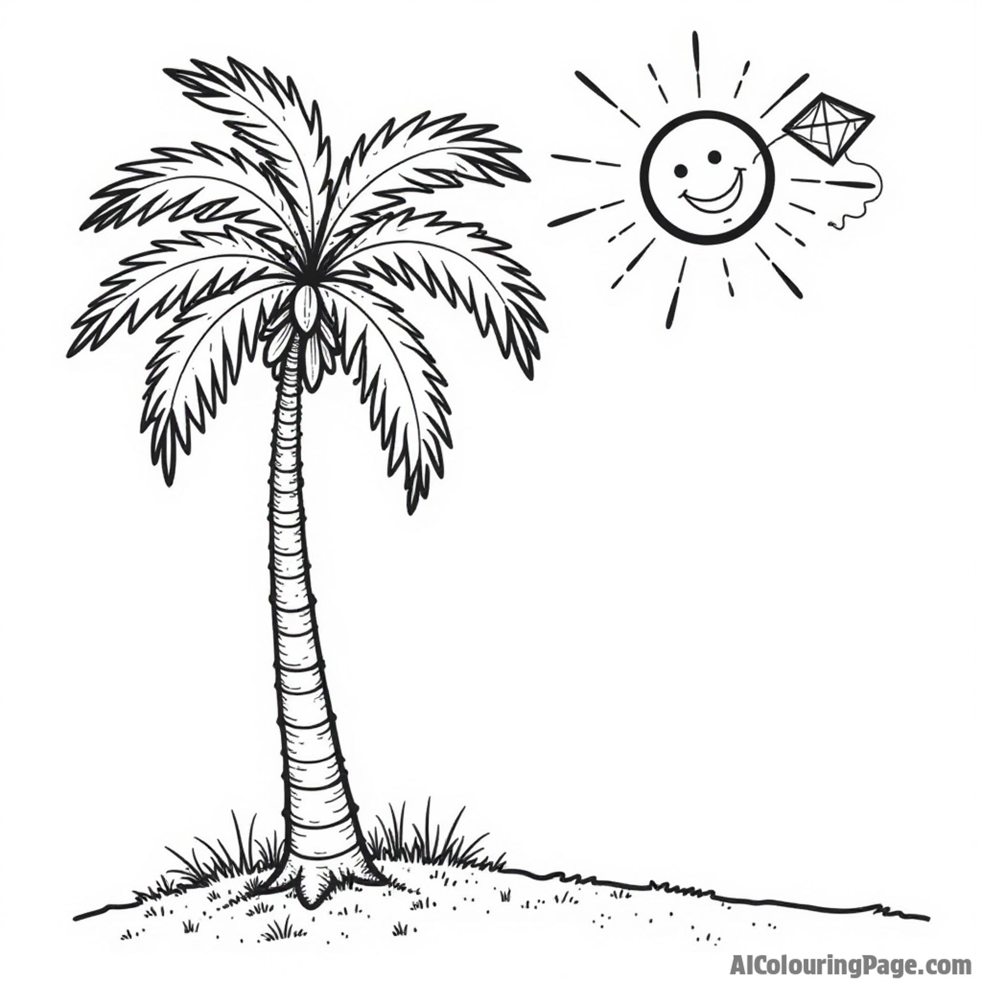 A majestic palmetto tree beside a cheerful sun, with a kite flying in the sky representing South Carolina’s spirit.
