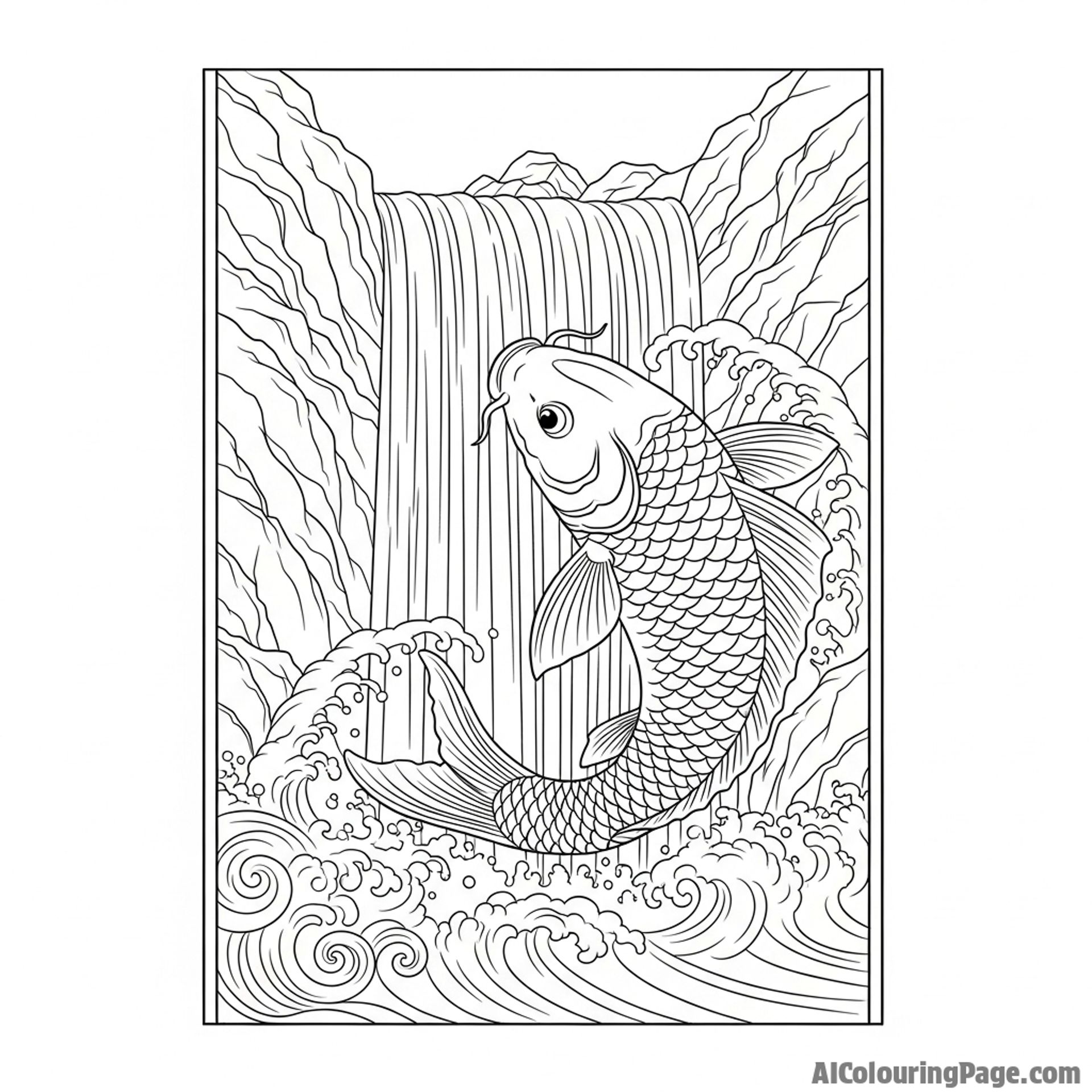 An ukiyo-e woodblock print of a powerful koi battling its way up a waterfall.